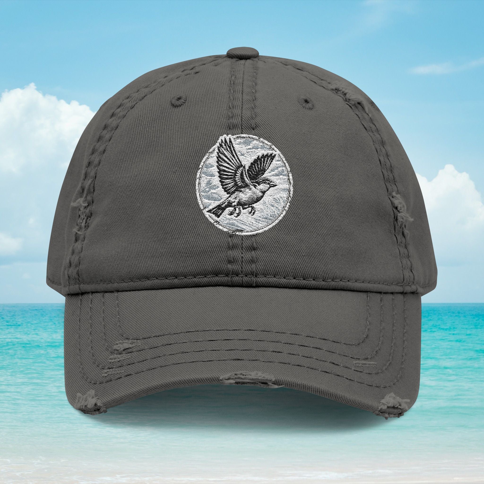 Embroidered Black Sparrow Dad Hat — Vintage Distressed