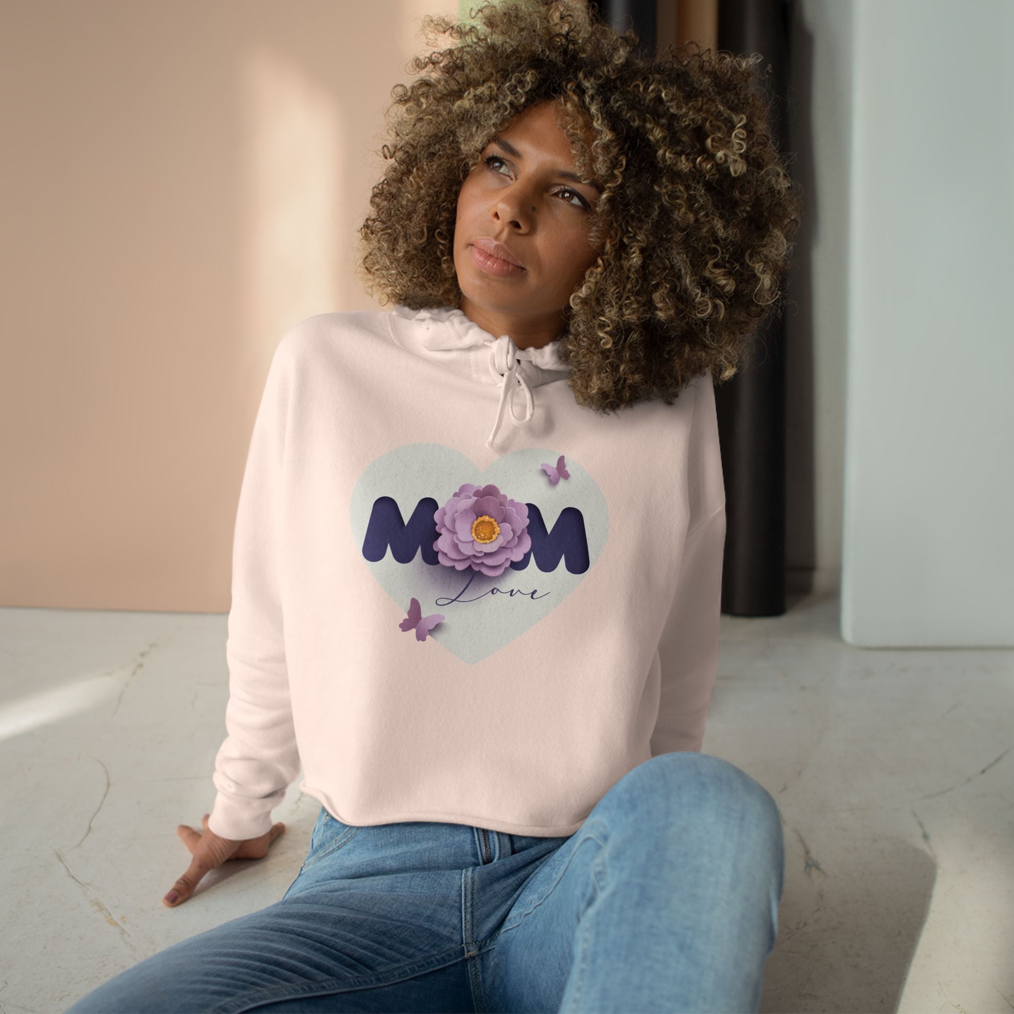 Mom Heart Floral Crop Hoodie — Cute Flower & Butterflies Graphic Love