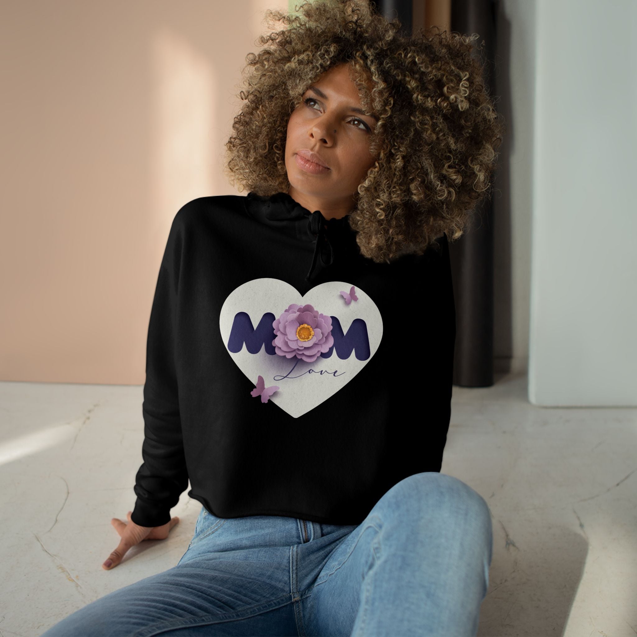 Mom Heart Floral Crop Hoodie — Cute Flower & Butterflies Graphic Love