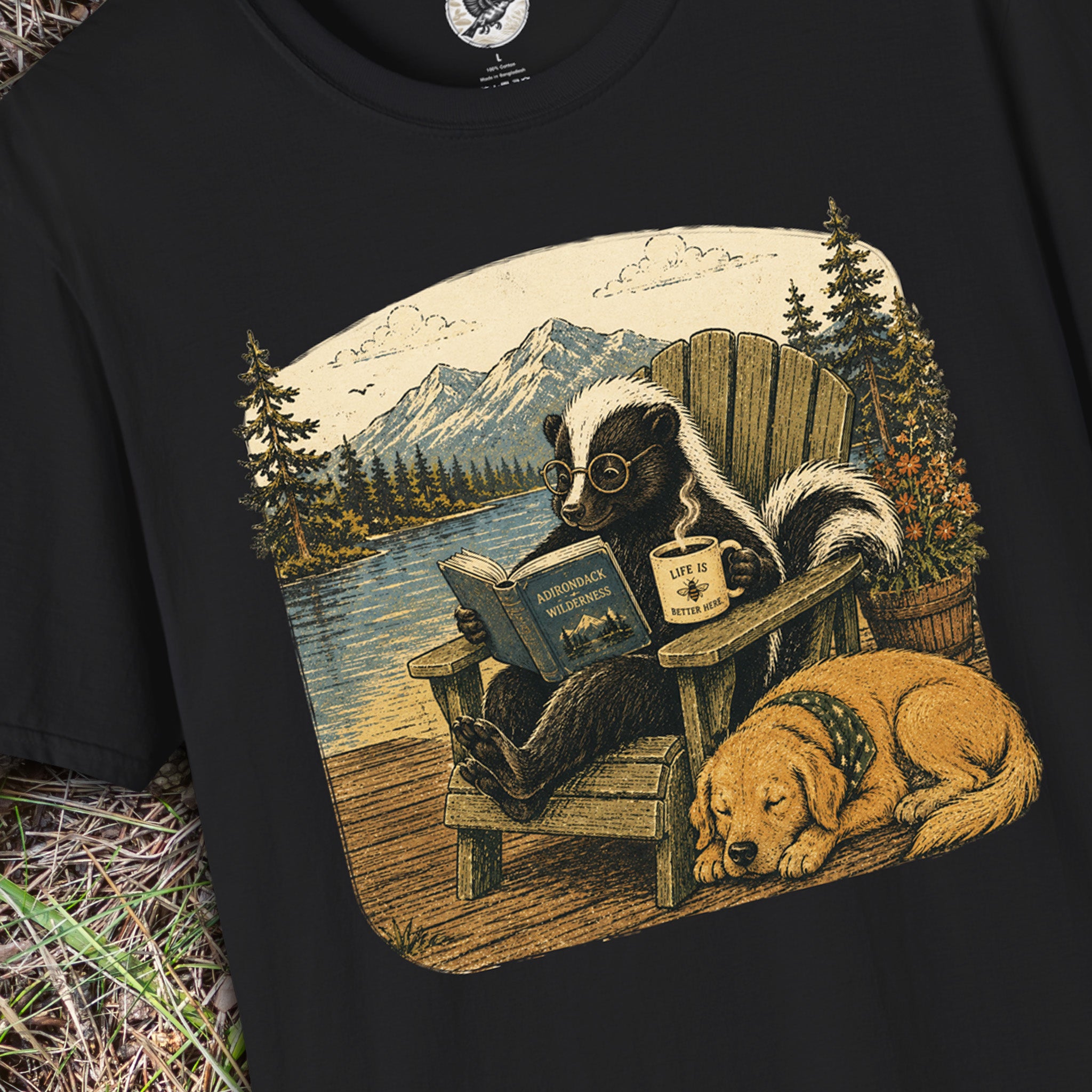 Life Is Better Here | Cozy Skunk Reading Coffee T-Shirt | Vintage Nature & Book Lover Graphic Tee