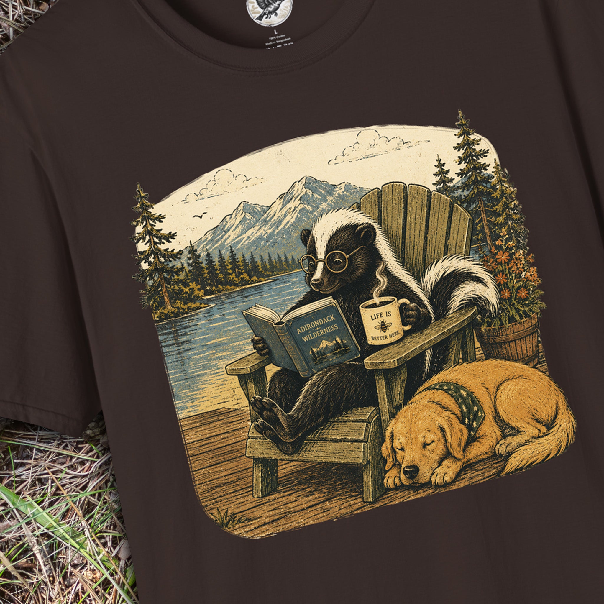 Life Is Better Here | Cozy Skunk Reading Coffee T-Shirt | Vintage Nature & Book Lover Graphic Tee