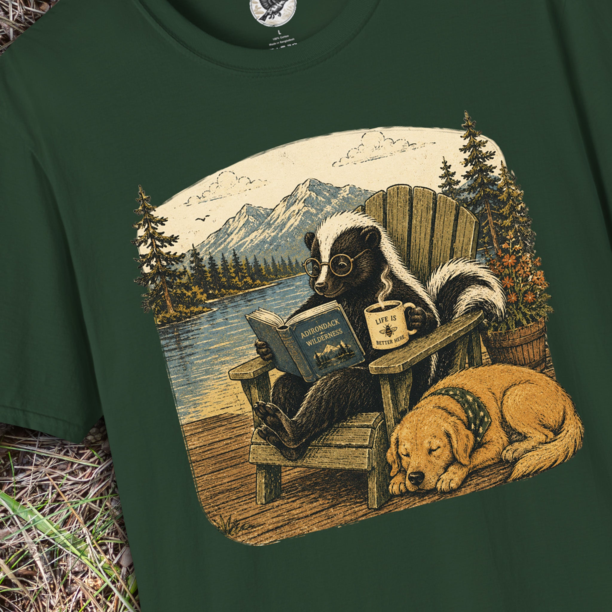 Life Is Better Here | Cozy Skunk Reading Coffee T-Shirt | Vintage Nature & Book Lover Graphic Tee