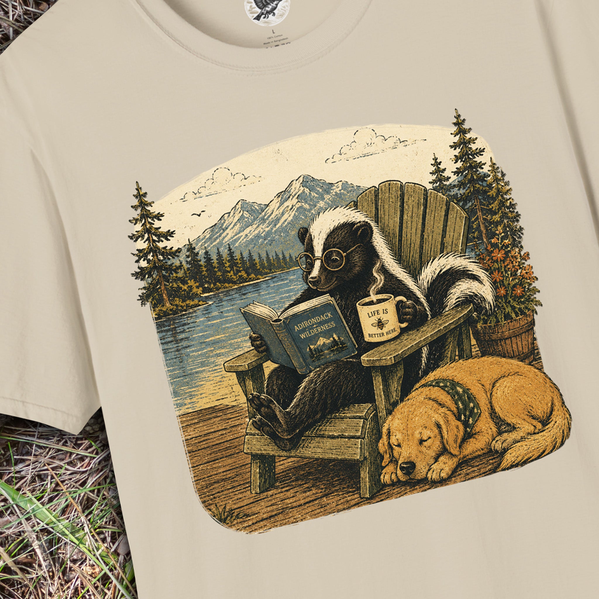 Life Is Better Here | Cozy Skunk Reading Coffee T-Shirt | Vintage Nature & Book Lover Graphic Tee