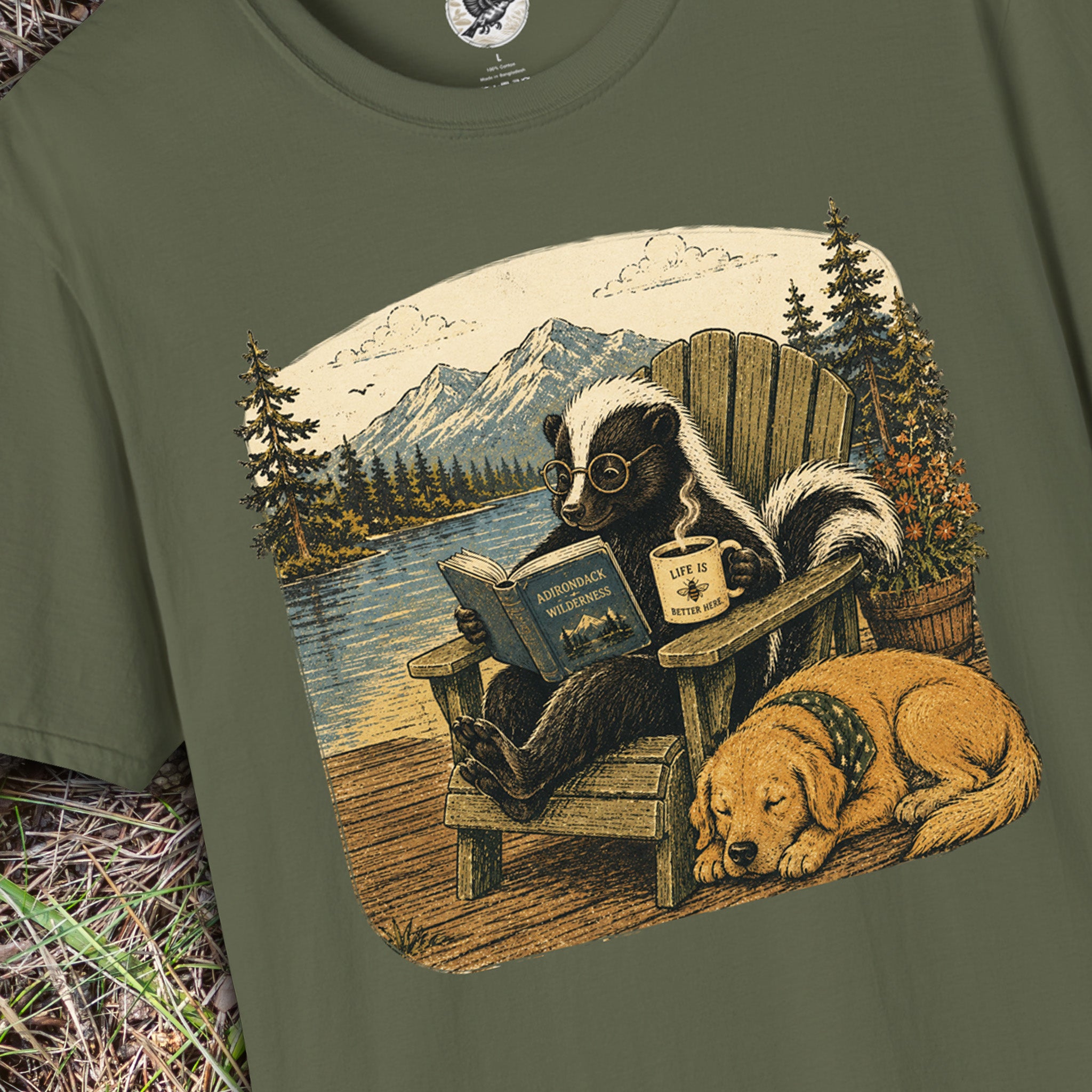 Life Is Better Here | Cozy Skunk Reading Coffee T-Shirt | Vintage Nature & Book Lover Graphic Tee