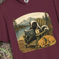 Life Is Better Here | Cozy Skunk Reading Coffee T-Shirt | Vintage Nature & Book Lover Graphic Tee