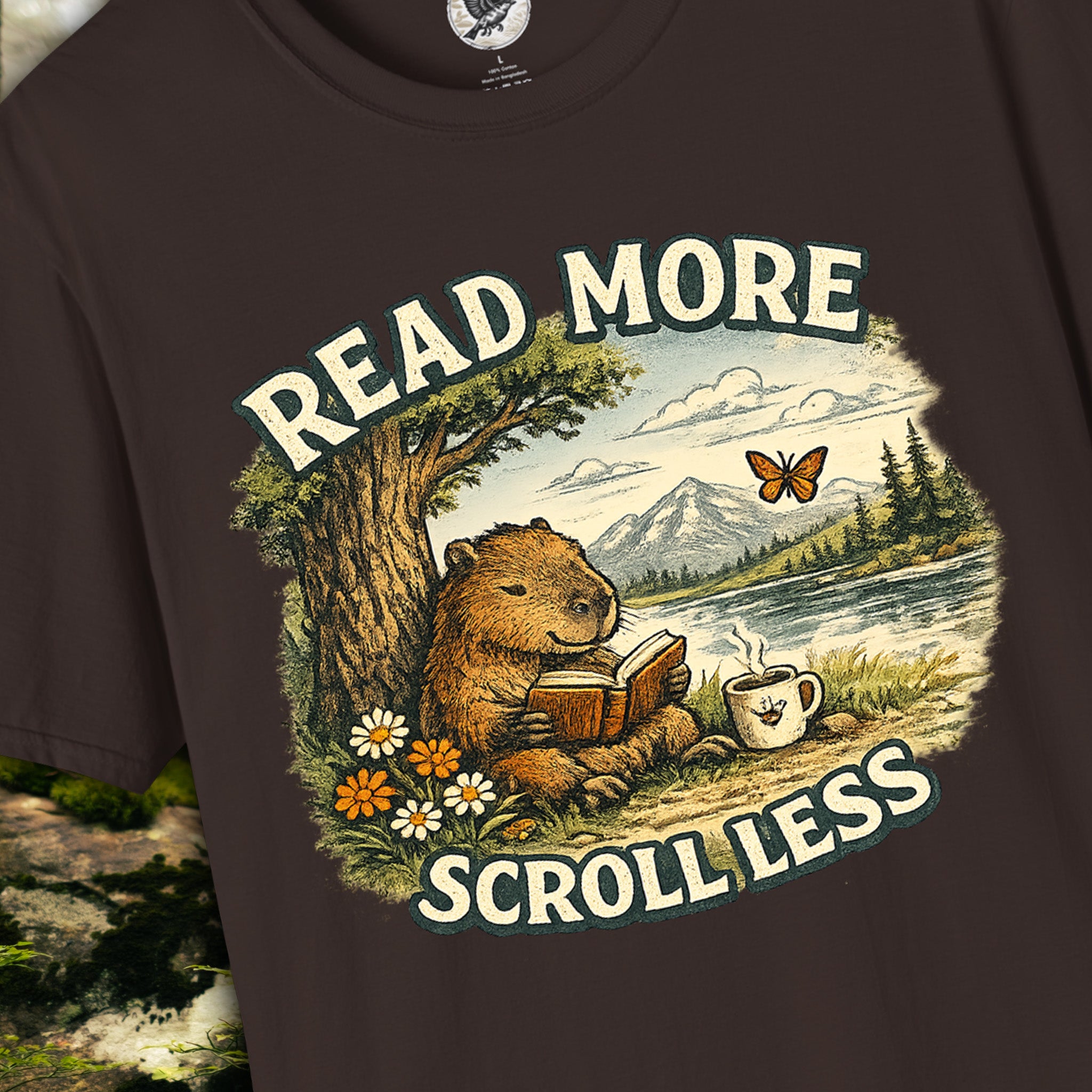 Read More Scroll Less Capybara T-Shirt | Vintage Book Lover Graphic Tee | Cozy Reading Shirt | The Quiet Life Collection