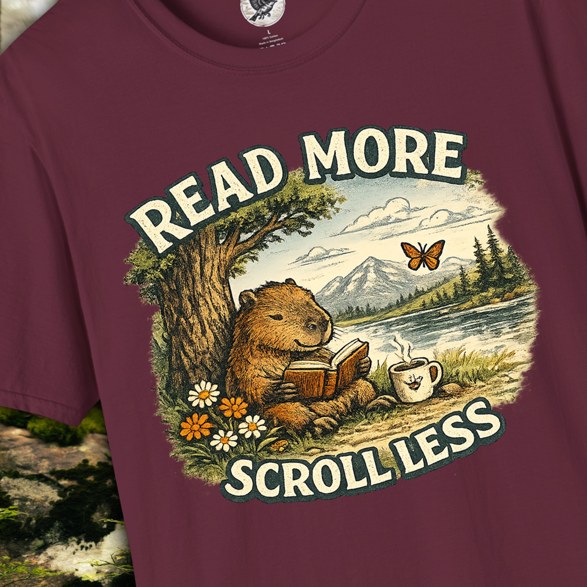 Read More Scroll Less Capybara T-Shirt | Vintage Book Lover Graphic Tee | Cozy Reading Shirt | The Quiet Life Collection