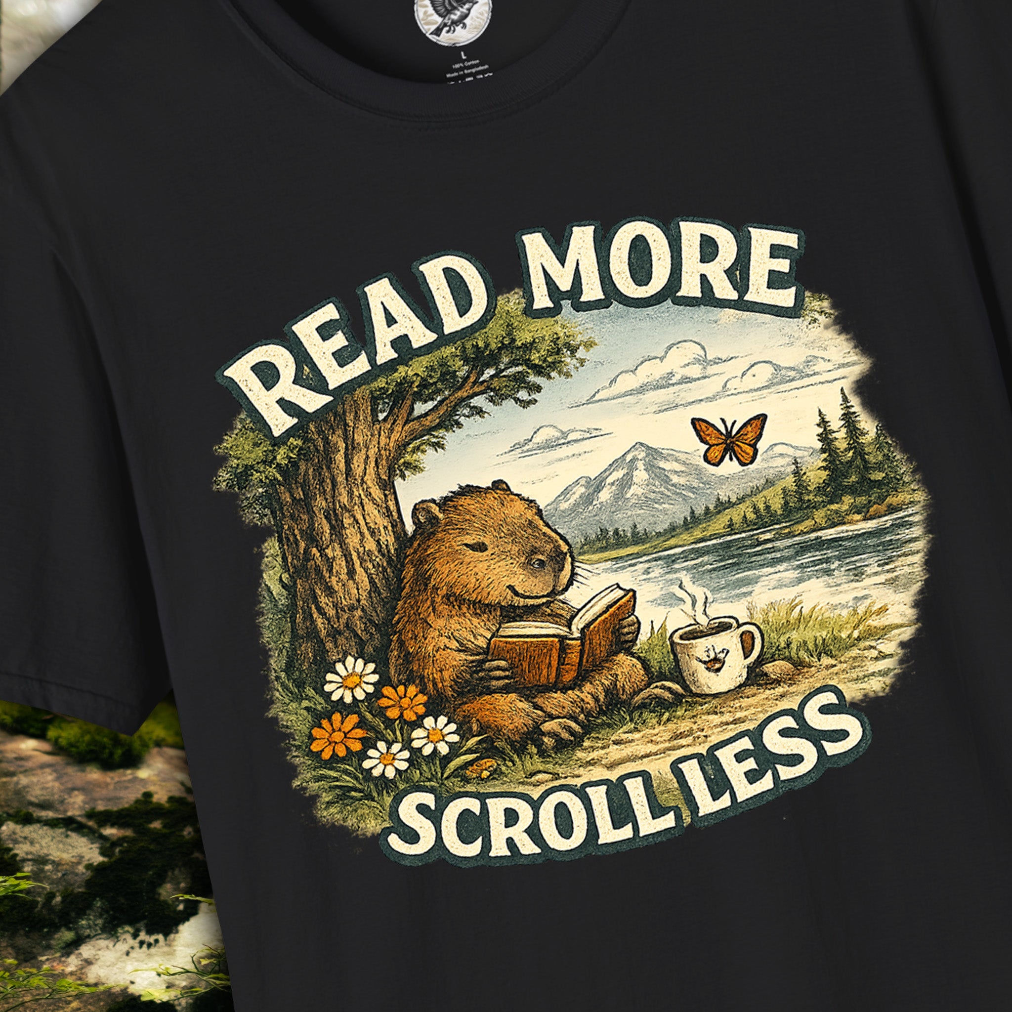Read More Scroll Less Capybara T-Shirt | Vintage Book Lover Graphic Tee | Cozy Reading Shirt | The Quiet Life Collection