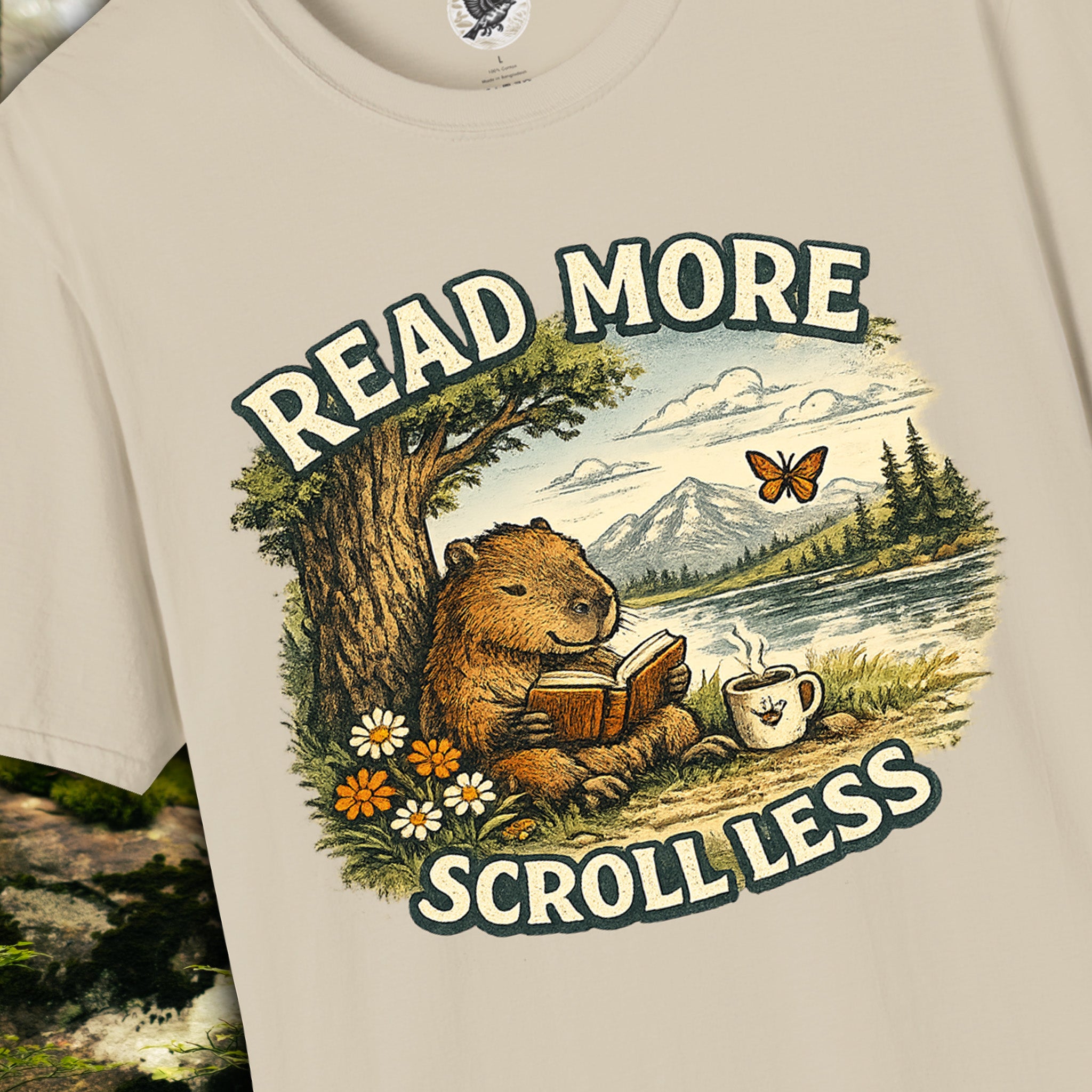Read More Scroll Less Capybara T-Shirt | Vintage Book Lover Graphic Tee | Cozy Reading Shirt | The Quiet Life Collection