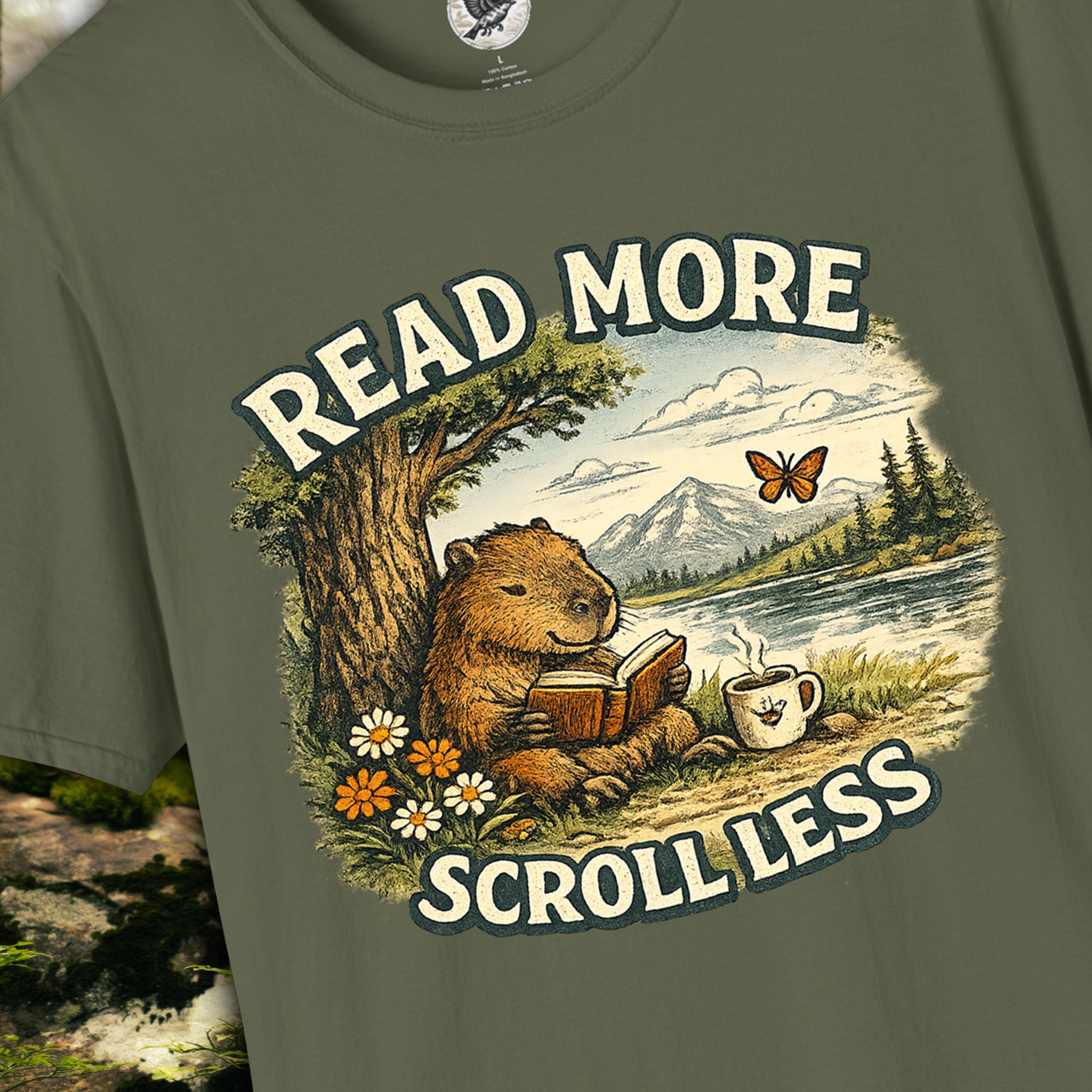 Read More Scroll Less Capybara T-Shirt | Vintage Book Lover Graphic Tee | Cozy Reading Shirt | The Quiet Life Collection