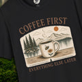 Coffee First Everything Else Later T-Shirt | Vintage Coffee Lover Tee with Bumble Bee & Mountain Lake Graphic | Cozy Slow Living Nature Shirt