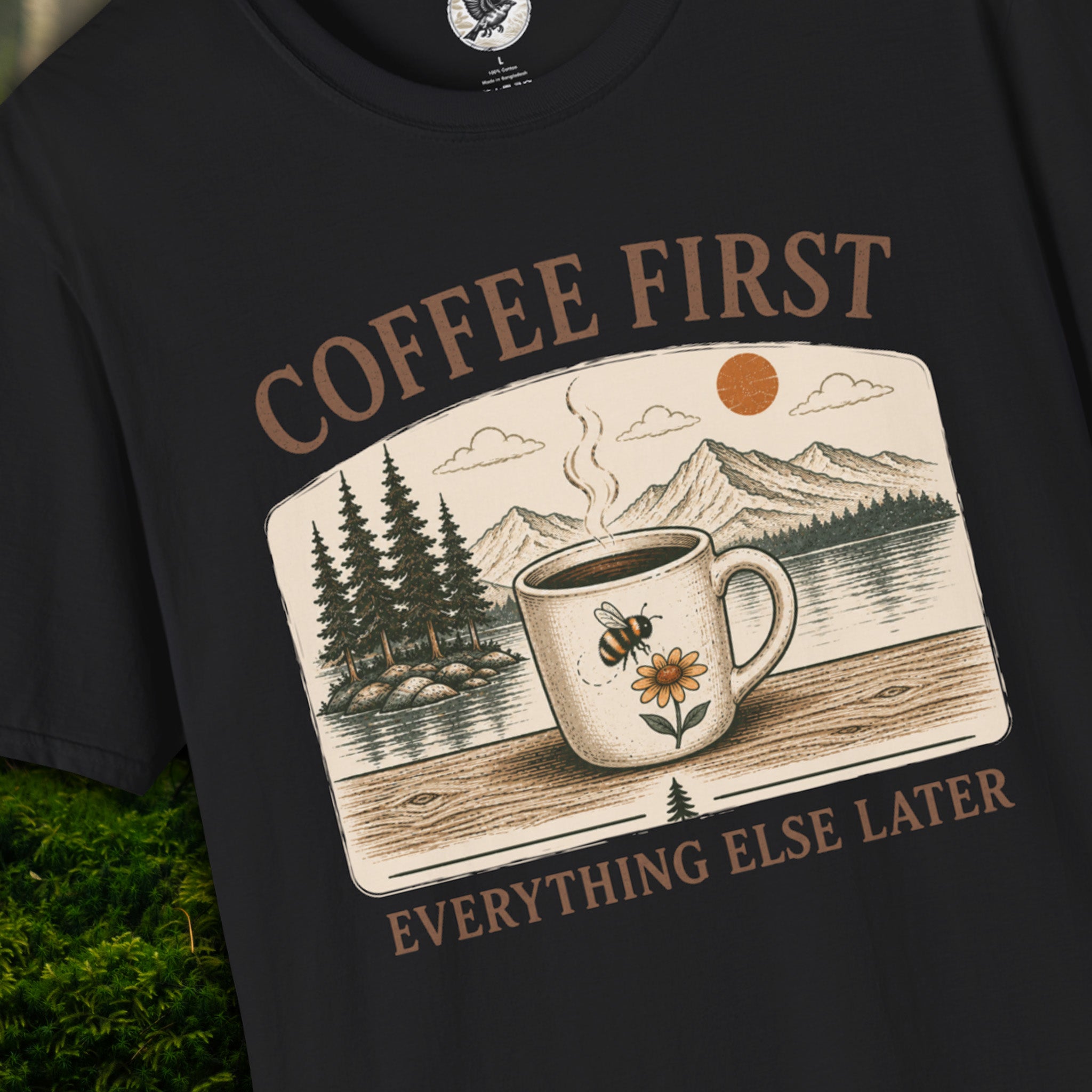 Coffee First Everything Else Later T-Shirt | Vintage Coffee Lover Tee with Bumble Bee & Mountain Lake Graphic | Cozy Slow Living Nature Shirt