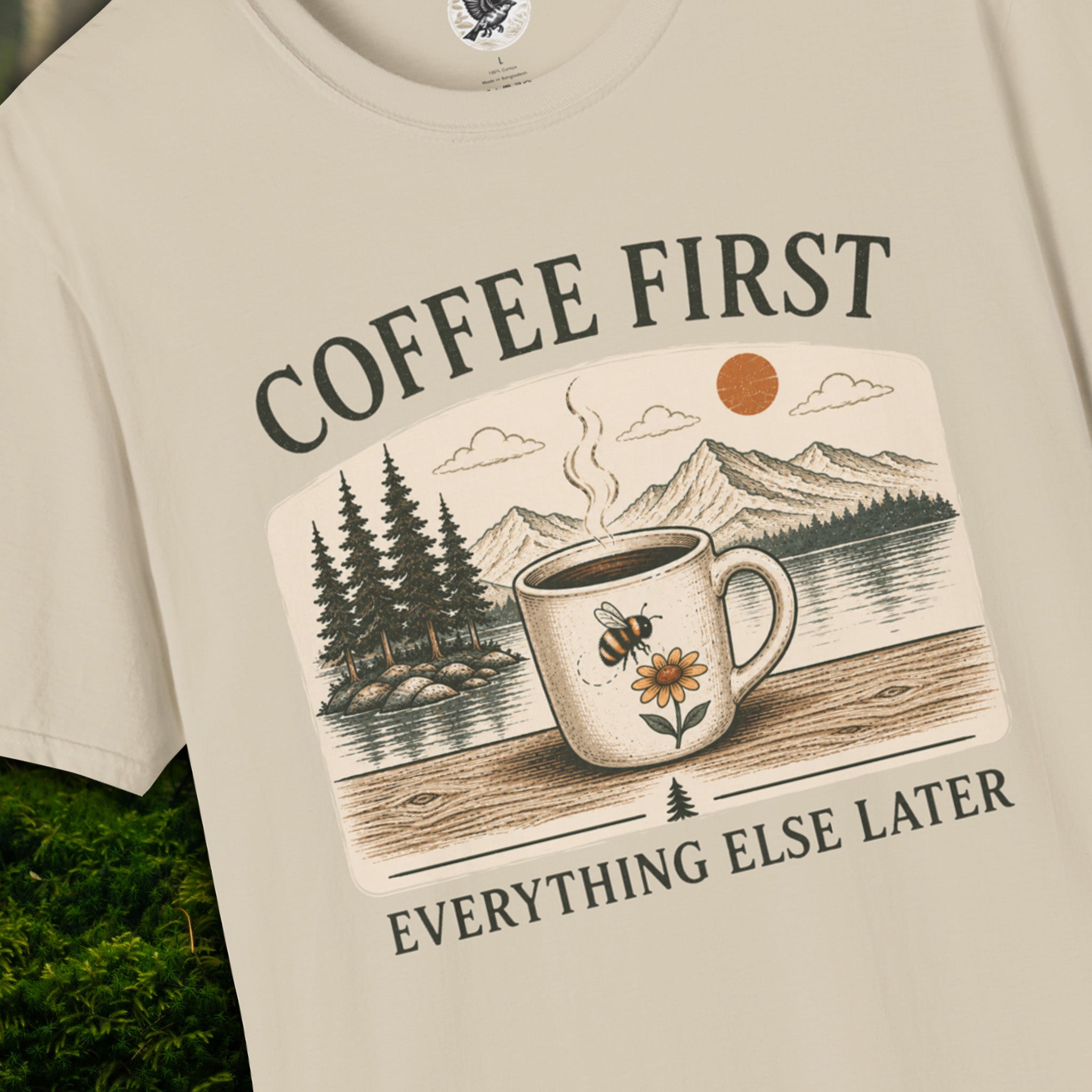 Coffee First Everything Else Later T-Shirt | Vintage Coffee Lover Tee with Bumble Bee & Mountain Lake Graphic | Cozy Slow Living Nature Shirt