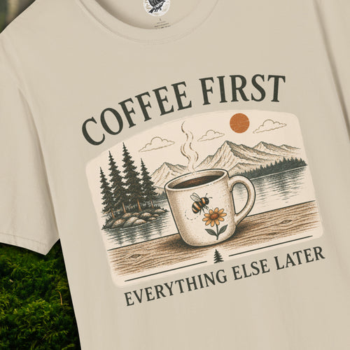 Coffee First Everything Else Later T-Shirt | Vintage Coffee Lover Tee with Bumble Bee & Mountain Lake Graphic | Cozy Slow Living Nature Shirt
