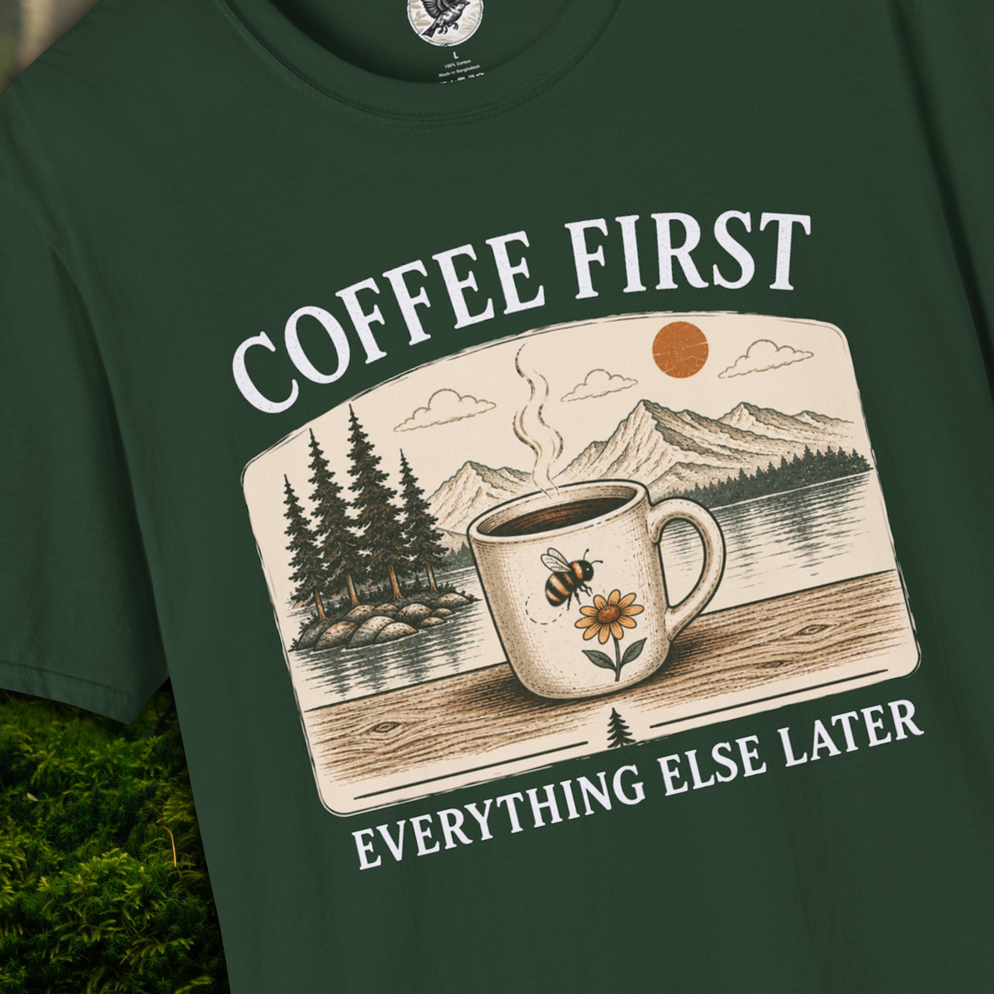 Coffee First Everything Else Later T-Shirt | Vintage Coffee Lover Tee with Bumble Bee & Mountain Lake Graphic | Cozy Slow Living Nature Shirt
