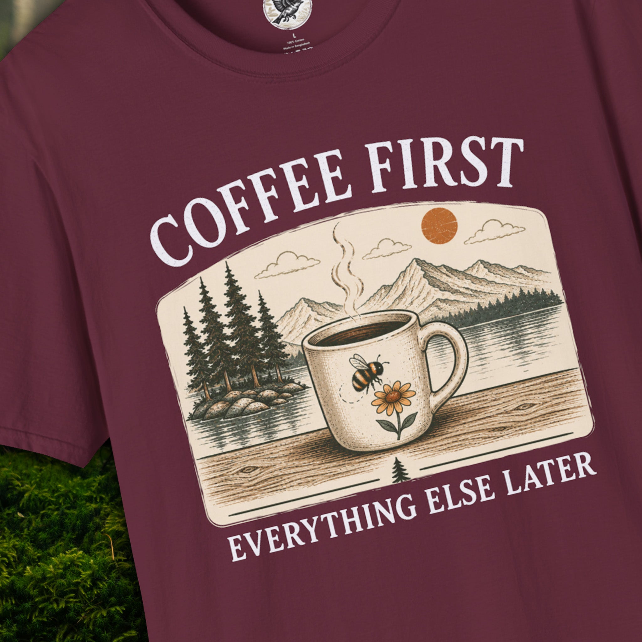 Coffee First Everything Else Later T-Shirt | Vintage Coffee Lover Tee with Bumble Bee & Mountain Lake Graphic | Cozy Slow Living Nature Shirt