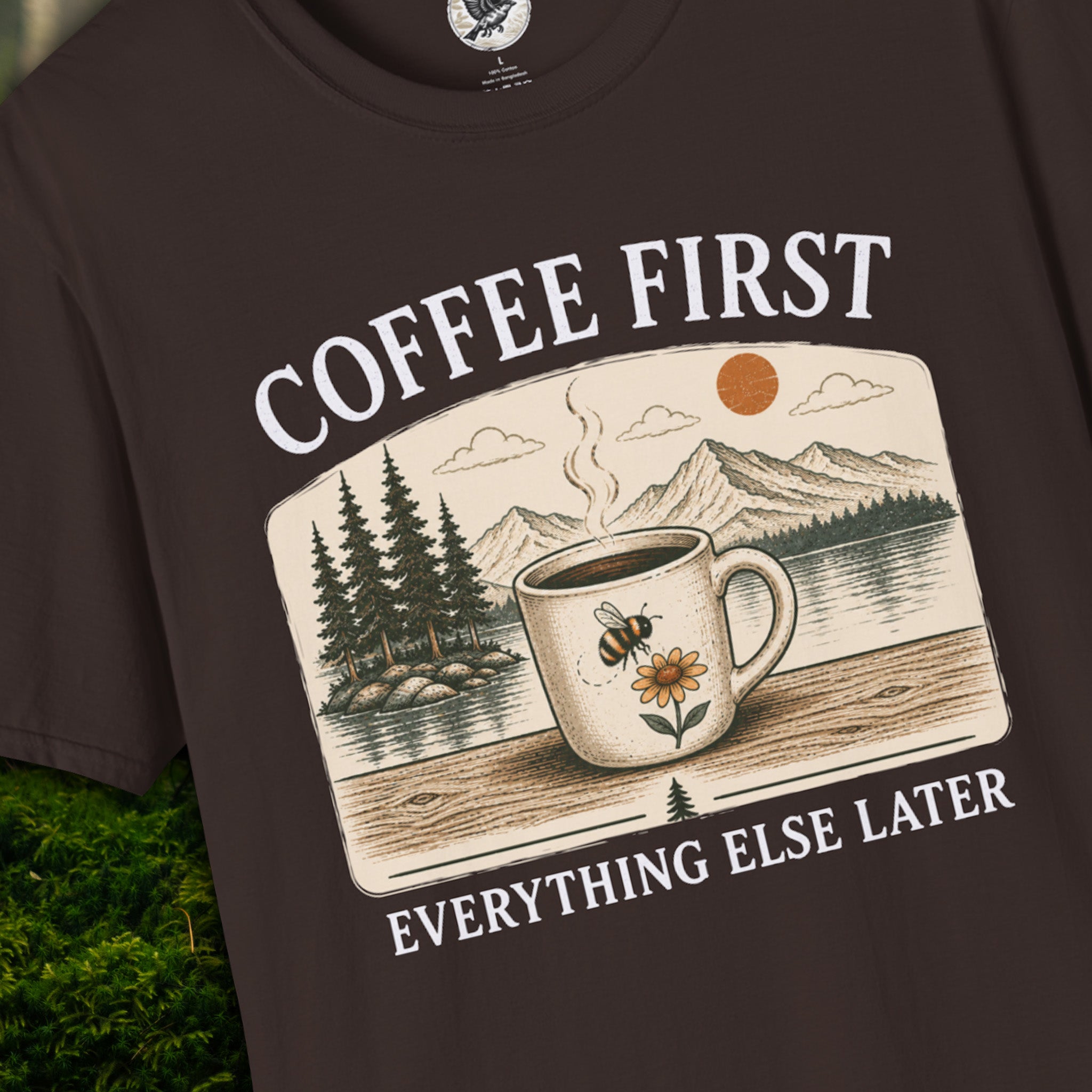 Coffee First Everything Else Later T-Shirt | Vintage Coffee Lover Tee with Bumble Bee & Mountain Lake Graphic | Cozy Slow Living Nature Shirt