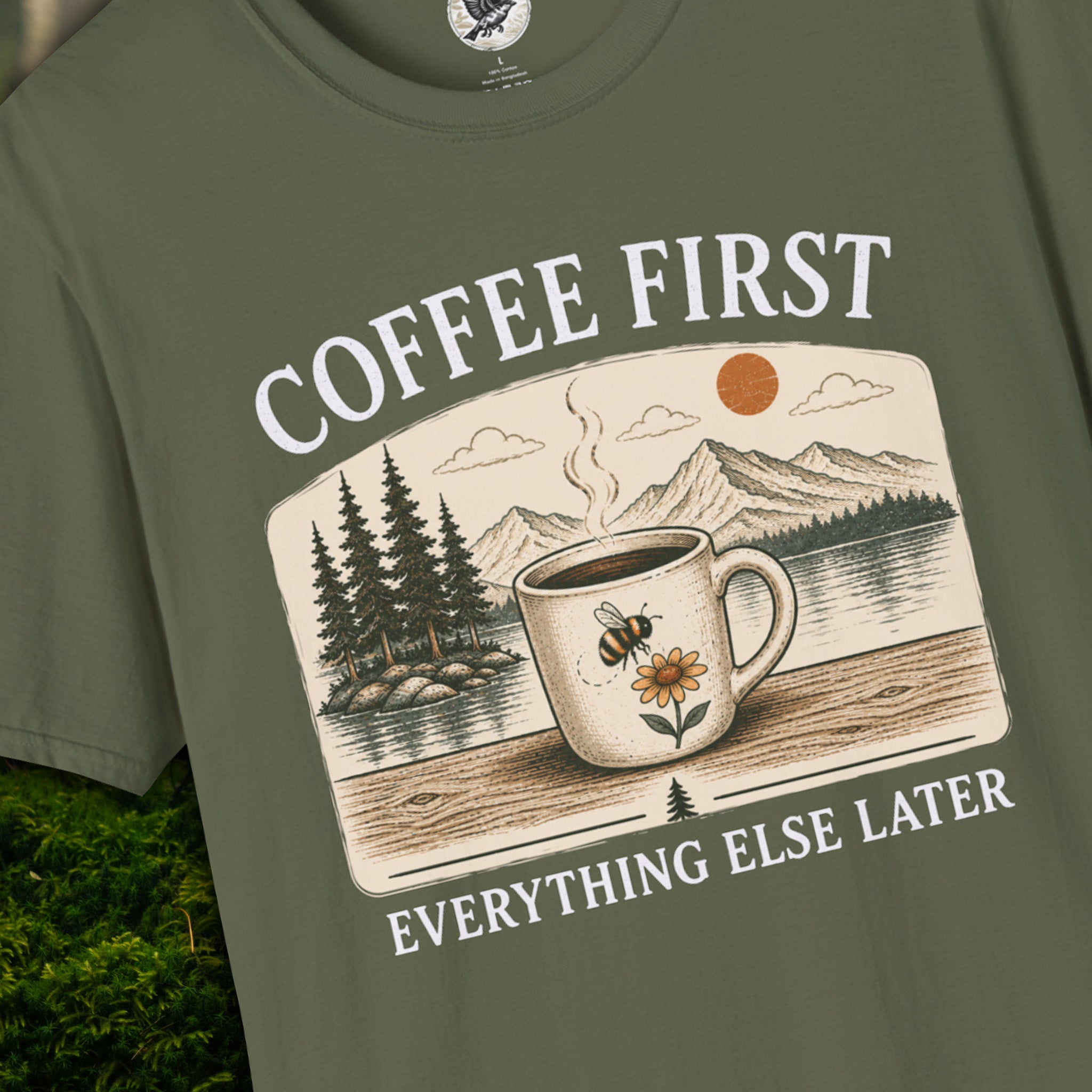 Coffee First Everything Else Later T-Shirt | Vintage Coffee Lover Tee with Bumble Bee & Mountain Lake Graphic | Cozy Slow Living Nature Shirt