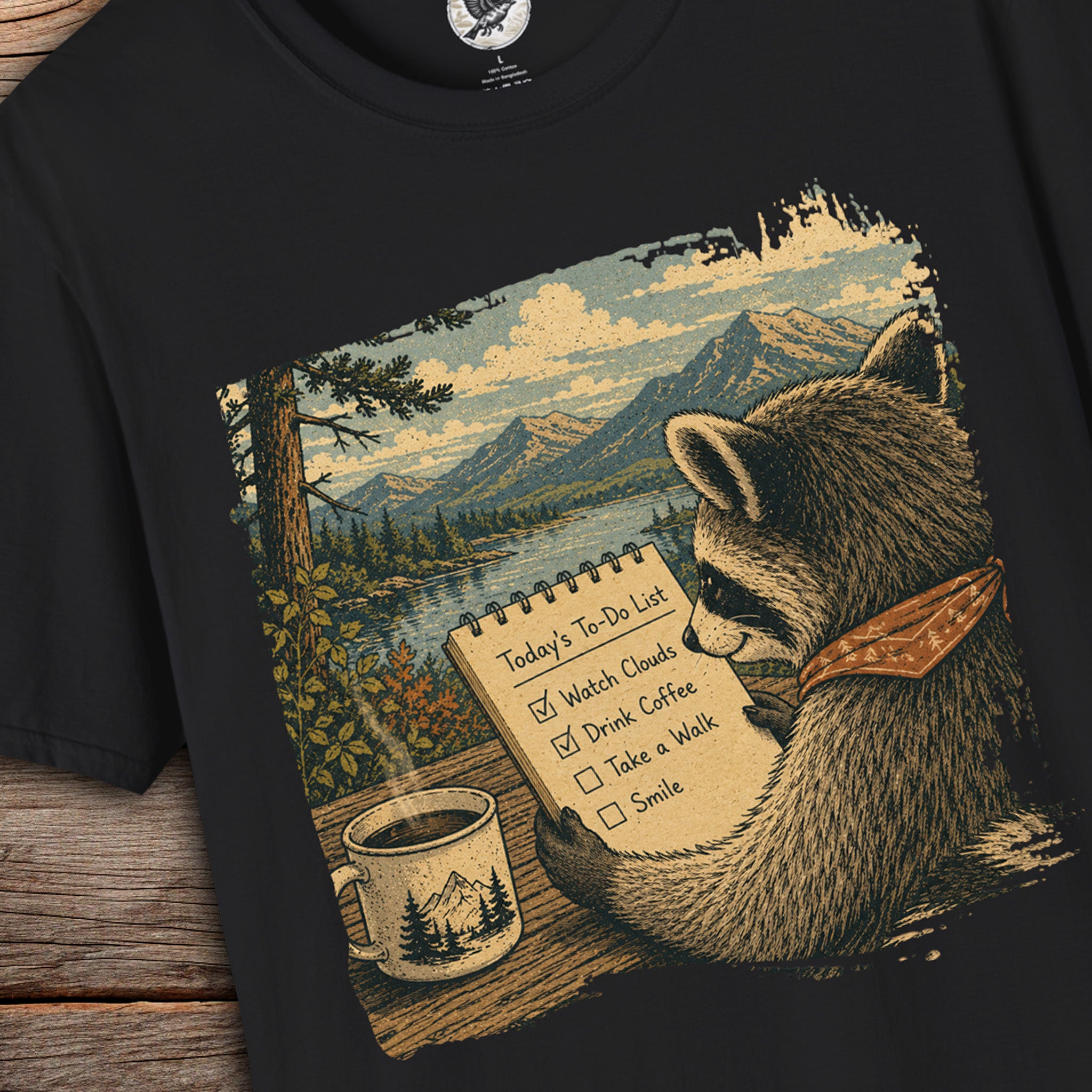 Today's To-Do List Raccoon T-Shirt | Slow Living Nature Graphic Tee | Coffee Lover Woodland Shirt | Cozy Outdoor Vintage Unisex Tee