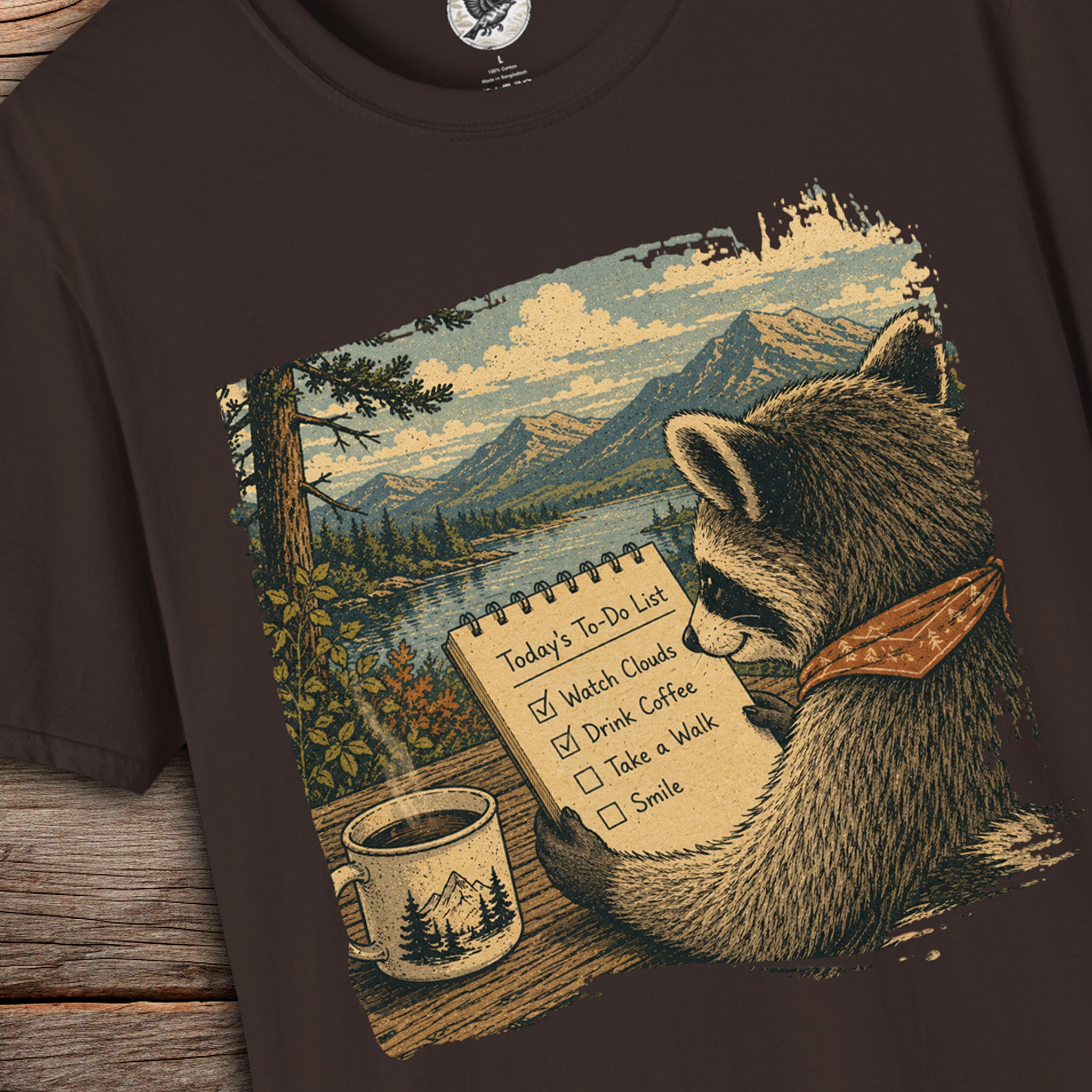Today's To-Do List Raccoon T-Shirt | Slow Living Nature Graphic Tee | Coffee Lover Woodland Shirt | Cozy Outdoor Vintage Unisex Tee