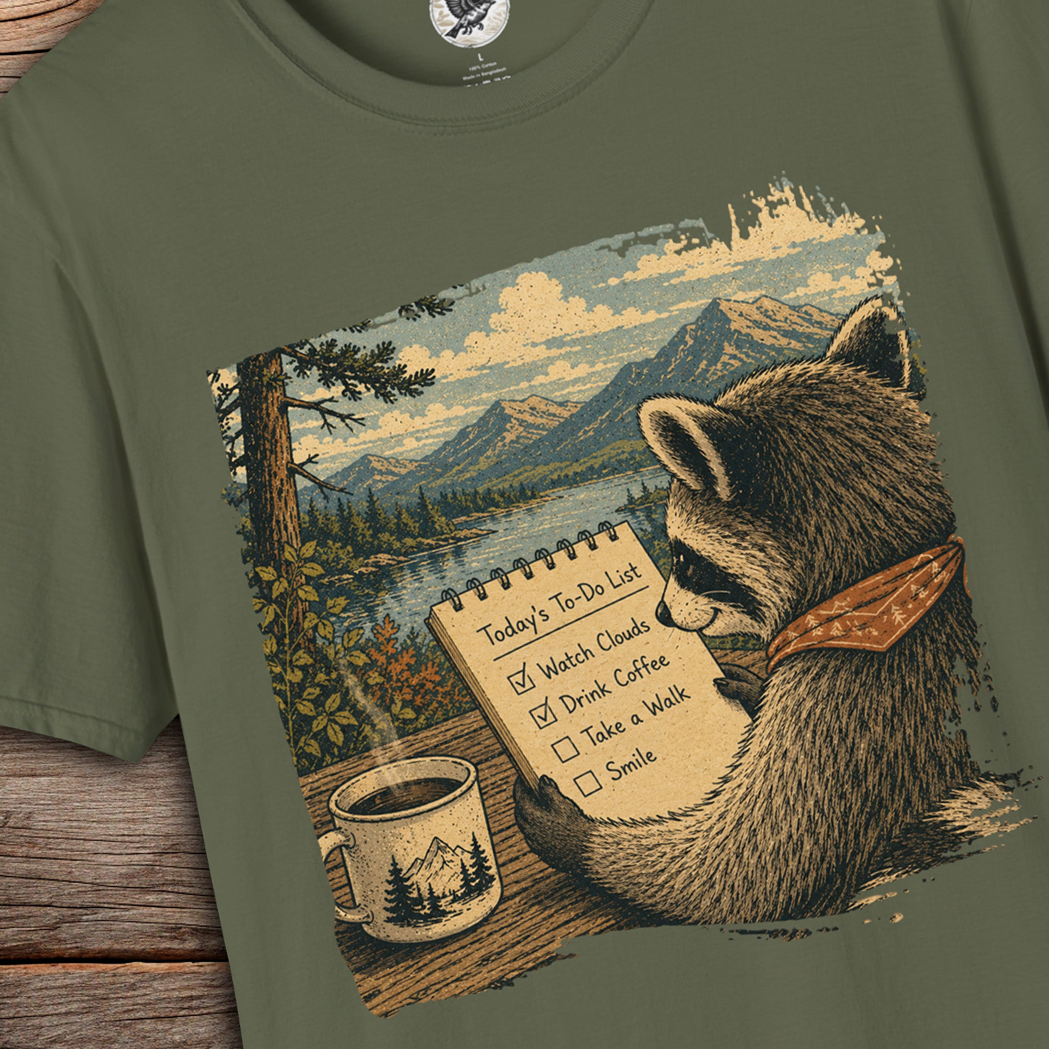 Today's To-Do List Raccoon T-Shirt | Slow Living Nature Graphic Tee | Coffee Lover Woodland Shirt | Cozy Outdoor Vintage Unisex Tee