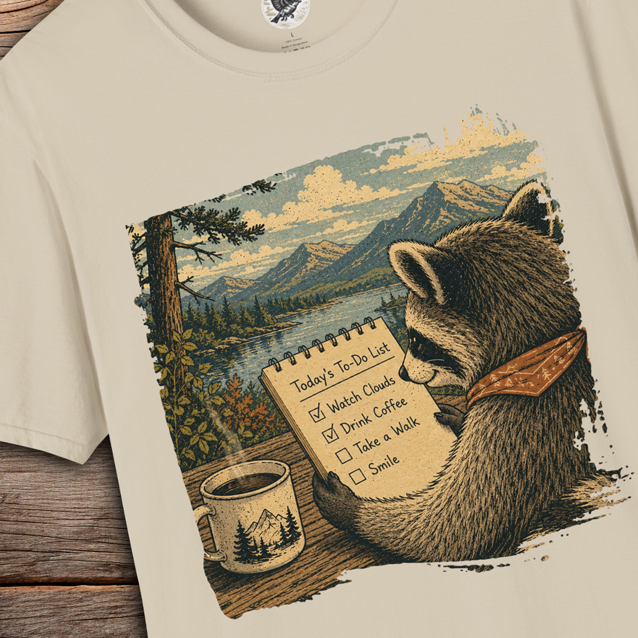 Today's To-Do List Raccoon T-Shirt | Slow Living Nature Graphic Tee | Coffee Lover Woodland Shirt | Cozy Outdoor Vintage Unisex Tee
