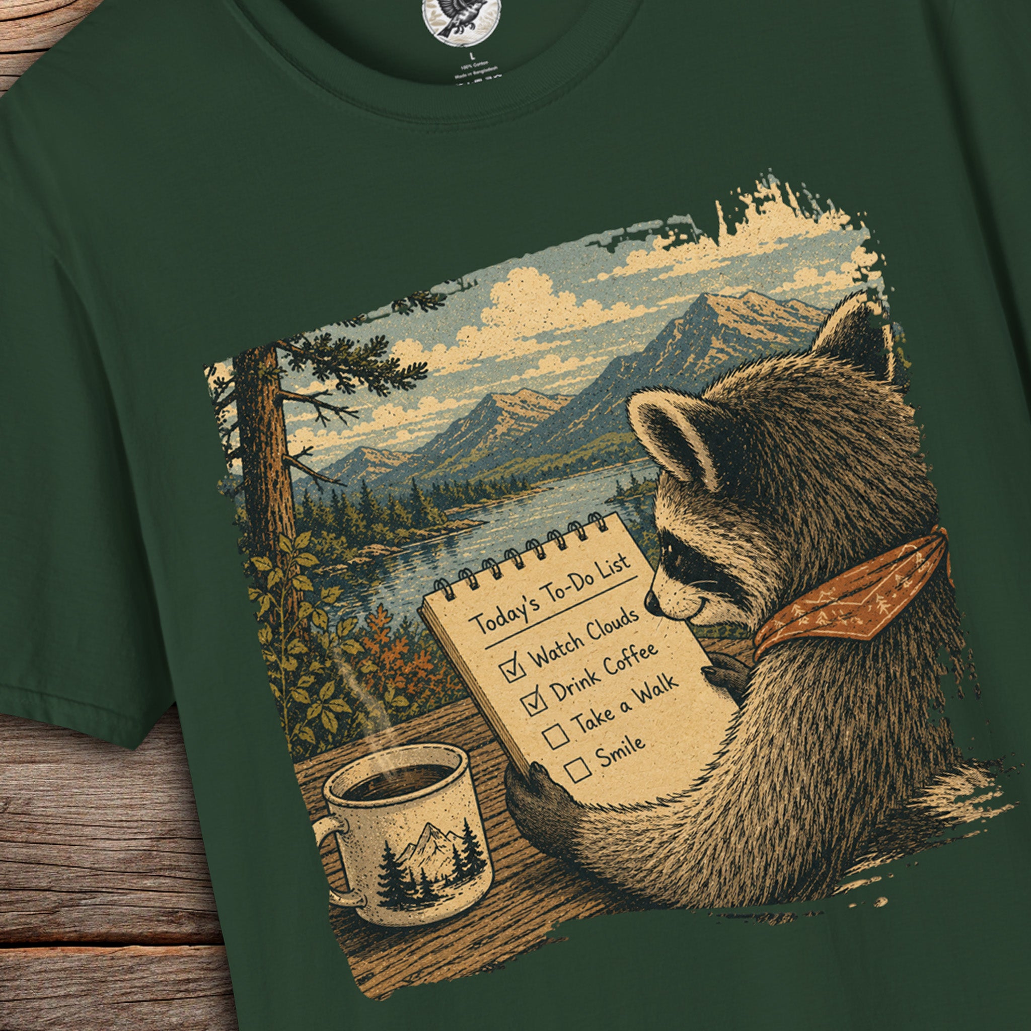 Today's To-Do List Raccoon T-Shirt | Slow Living Nature Graphic Tee | Coffee Lover Woodland Shirt | Cozy Outdoor Vintage Unisex Tee