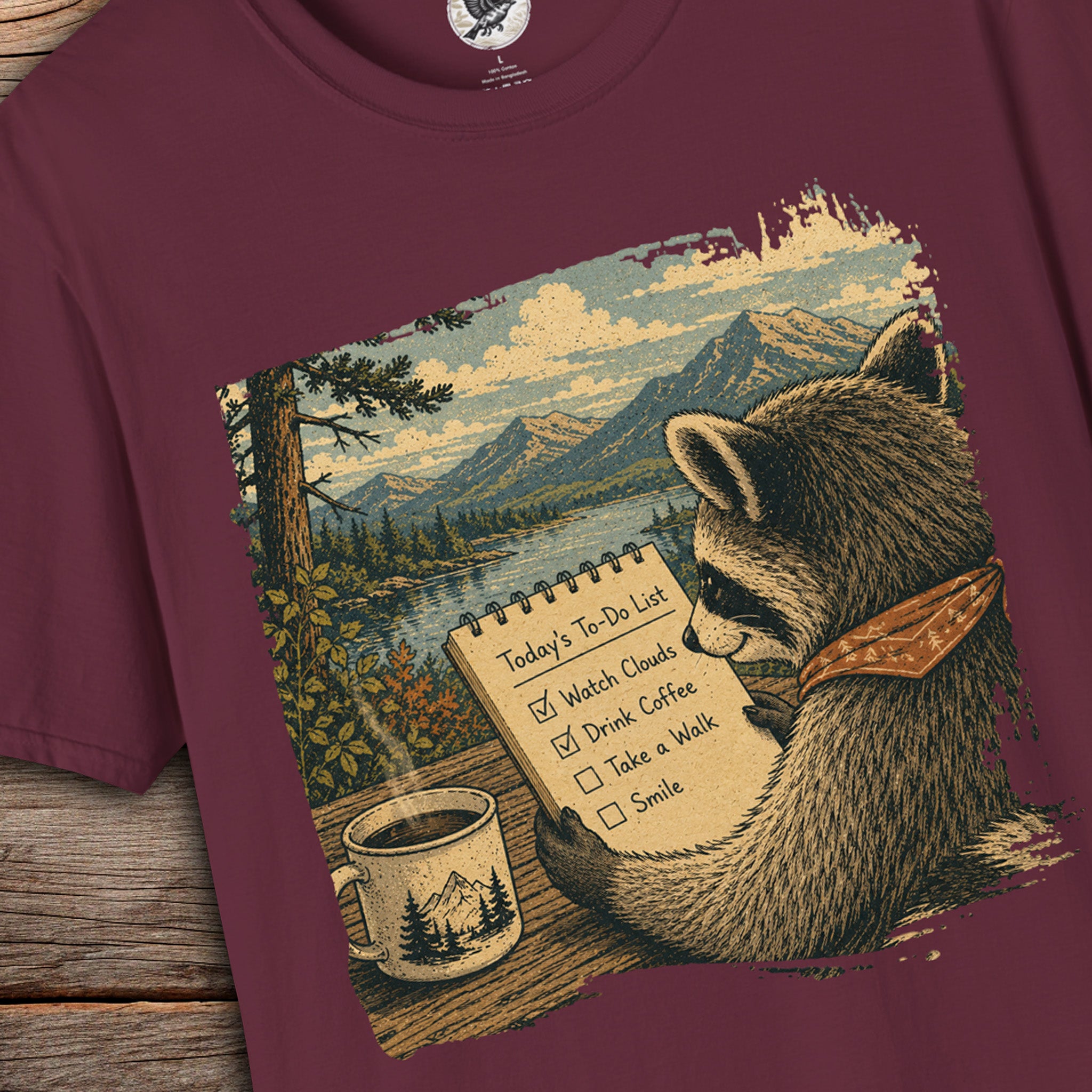 Today's To-Do List Raccoon T-Shirt | Slow Living Nature Graphic Tee | Coffee Lover Woodland Shirt | Cozy Outdoor Vintage Unisex Tee
