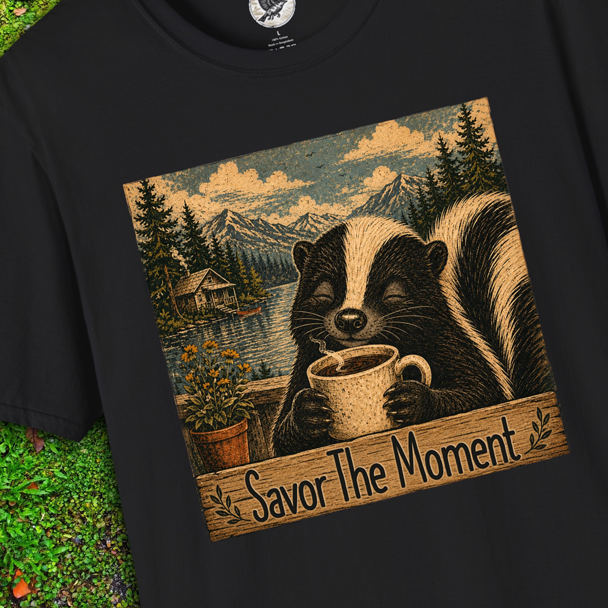 Savor the Moment Skunk Coffee T-Shirt | Vintage Nature Graphic Tee | Cozy Woodland Animal Shirt | Slow Living Outdoor Apparel