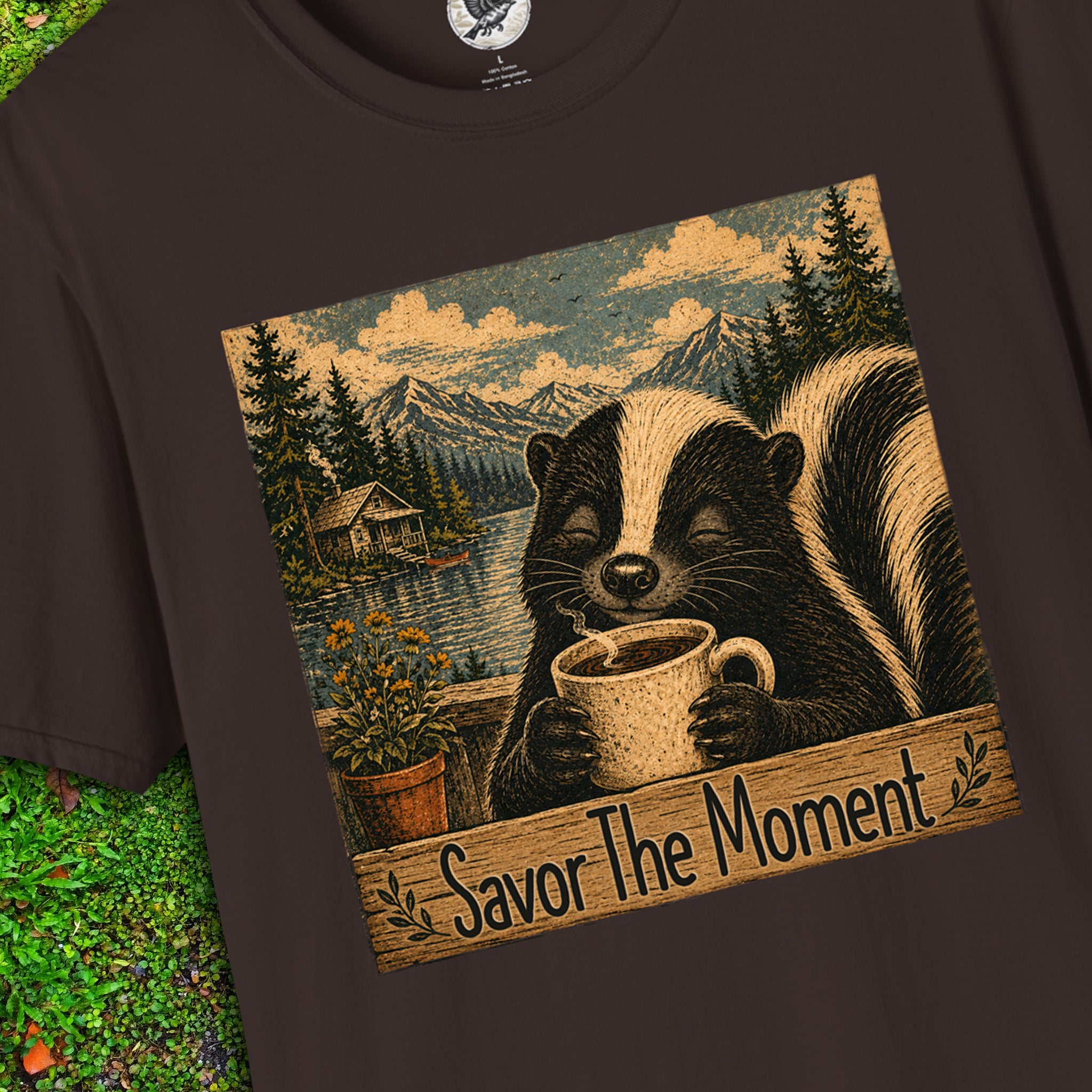 Savor the Moment Skunk Coffee T-Shirt | Vintage Nature Graphic Tee | Cozy Woodland Animal Shirt | Slow Living Outdoor Apparel