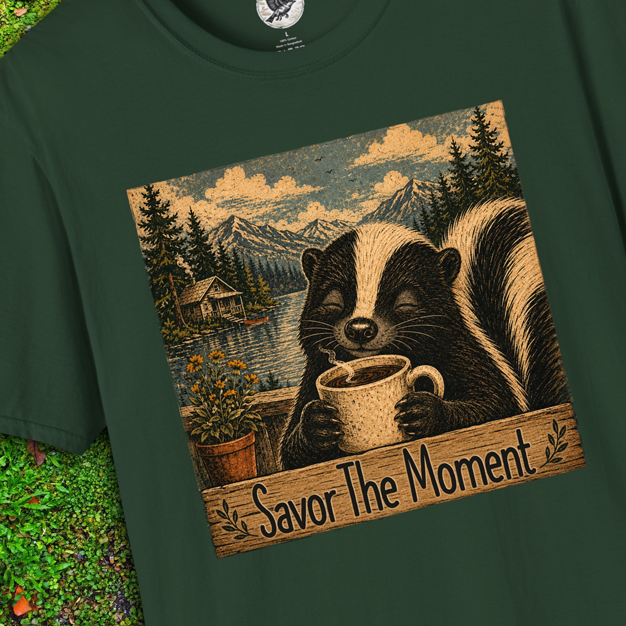 Savor the Moment Skunk Coffee T-Shirt | Vintage Nature Graphic Tee | Cozy Woodland Animal Shirt | Slow Living Outdoor Apparel