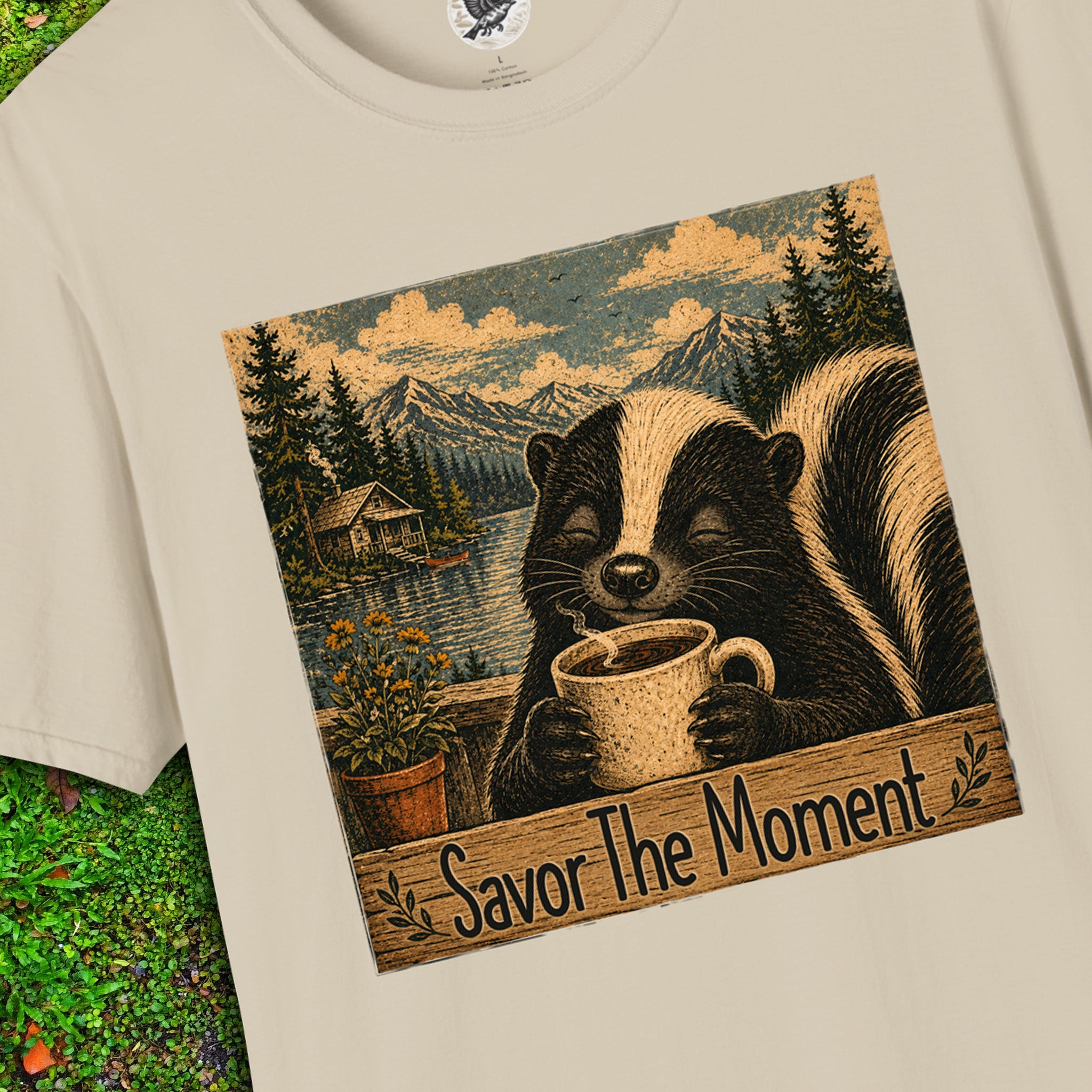 Savor the Moment Skunk Coffee T-Shirt | Vintage Nature Graphic Tee | Cozy Woodland Animal Shirt | Slow Living Outdoor Apparel