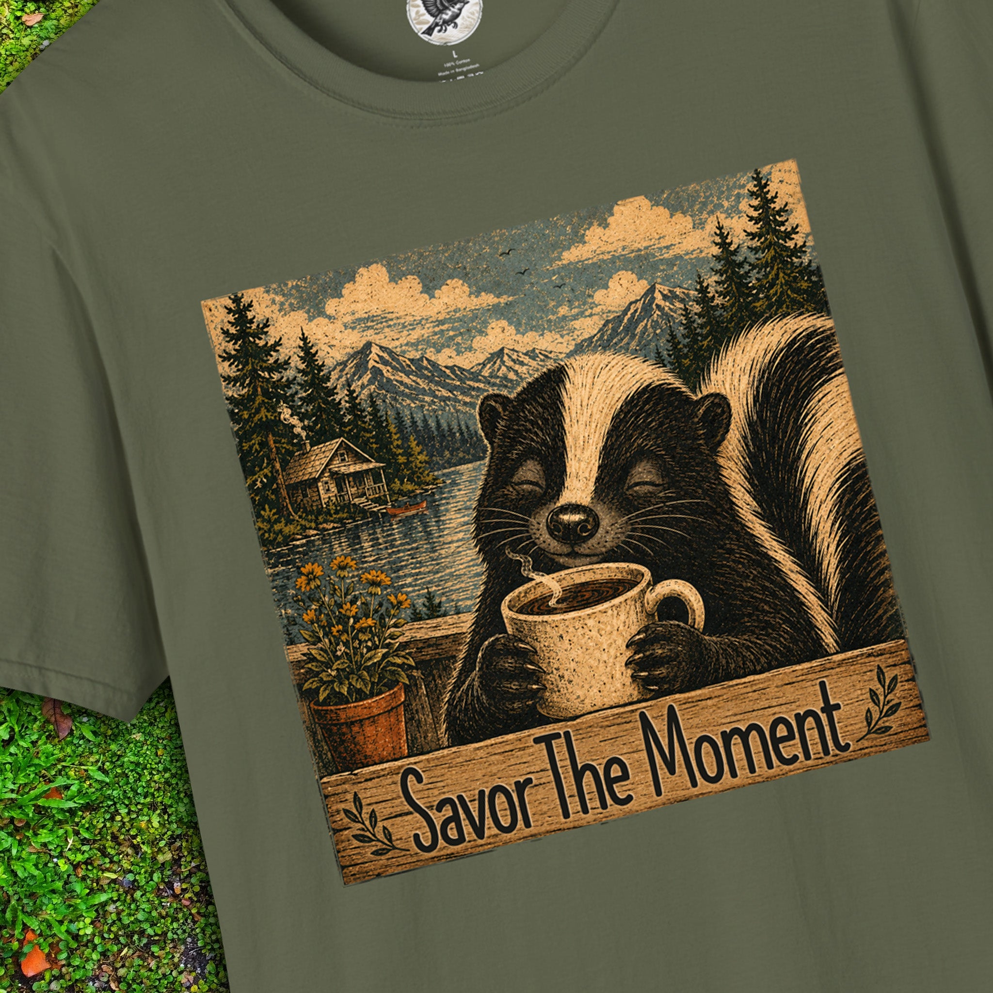 Savor the Moment Skunk Coffee T-Shirt | Vintage Nature Graphic Tee | Cozy Woodland Animal Shirt | Slow Living Outdoor Apparel