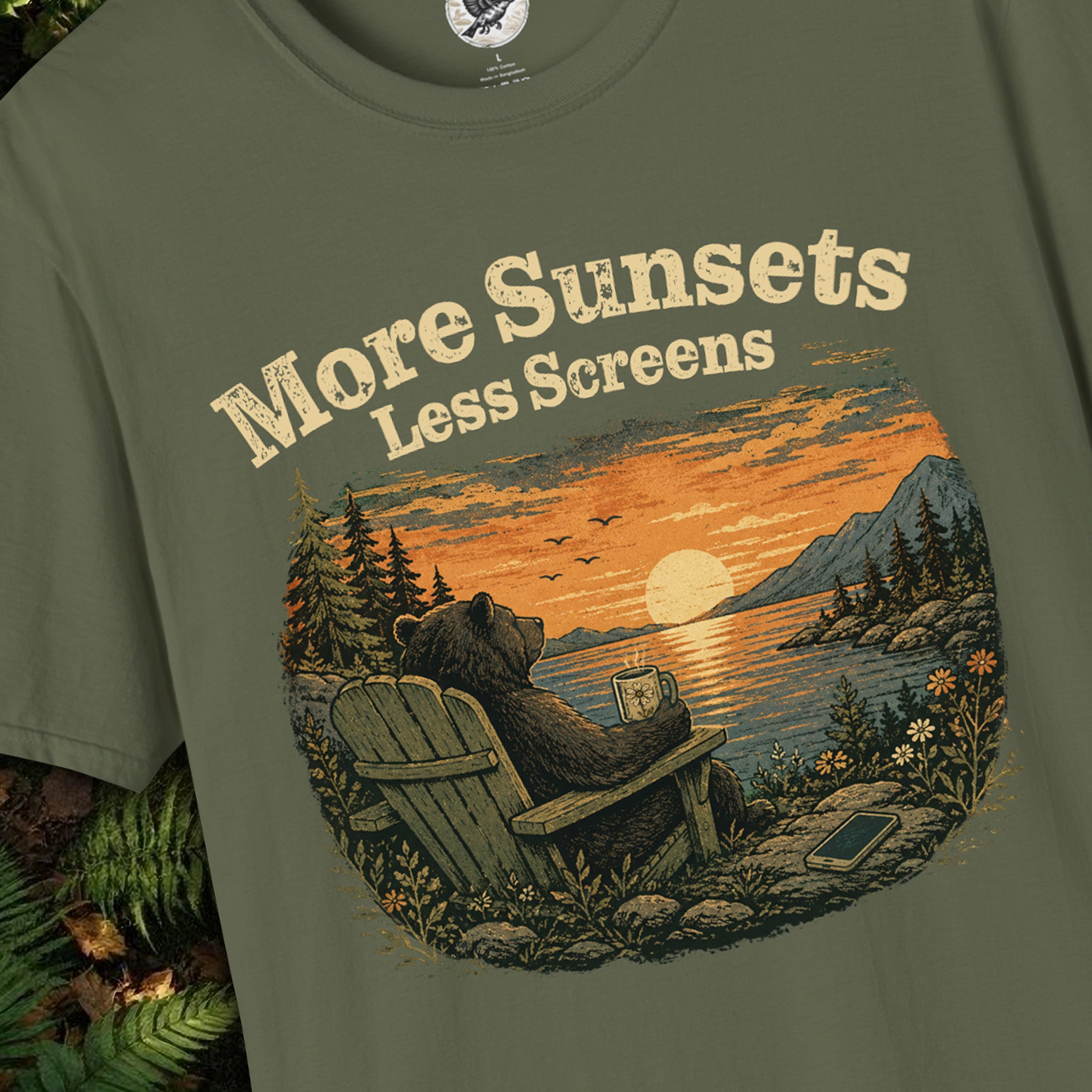 More Sunsets Less Screens Bear T-Shirt | Vintage Nature Graphic Tee | Camping, Hiking & Outdoor Lifestyle Shirt