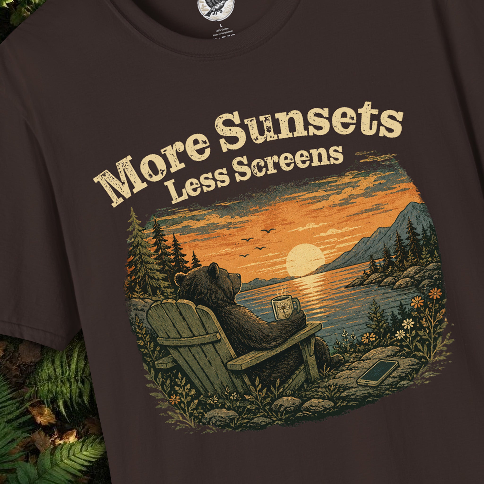 More Sunsets Less Screens Bear T-Shirt | Vintage Nature Graphic Tee | Camping, Hiking & Outdoor Lifestyle Shirt