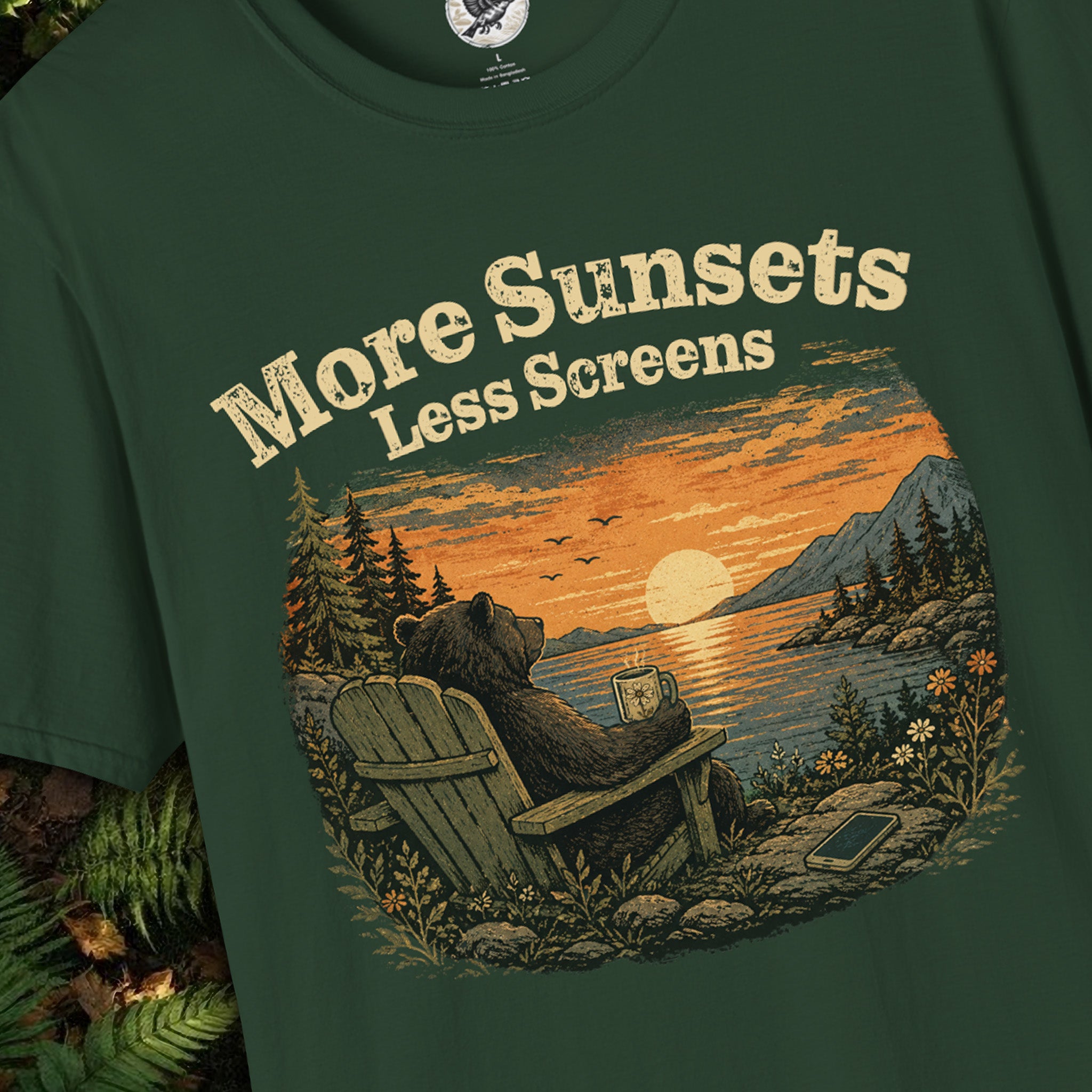 More Sunsets Less Screens Bear T-Shirt | Vintage Nature Graphic Tee | Camping, Hiking & Outdoor Lifestyle Shirt
