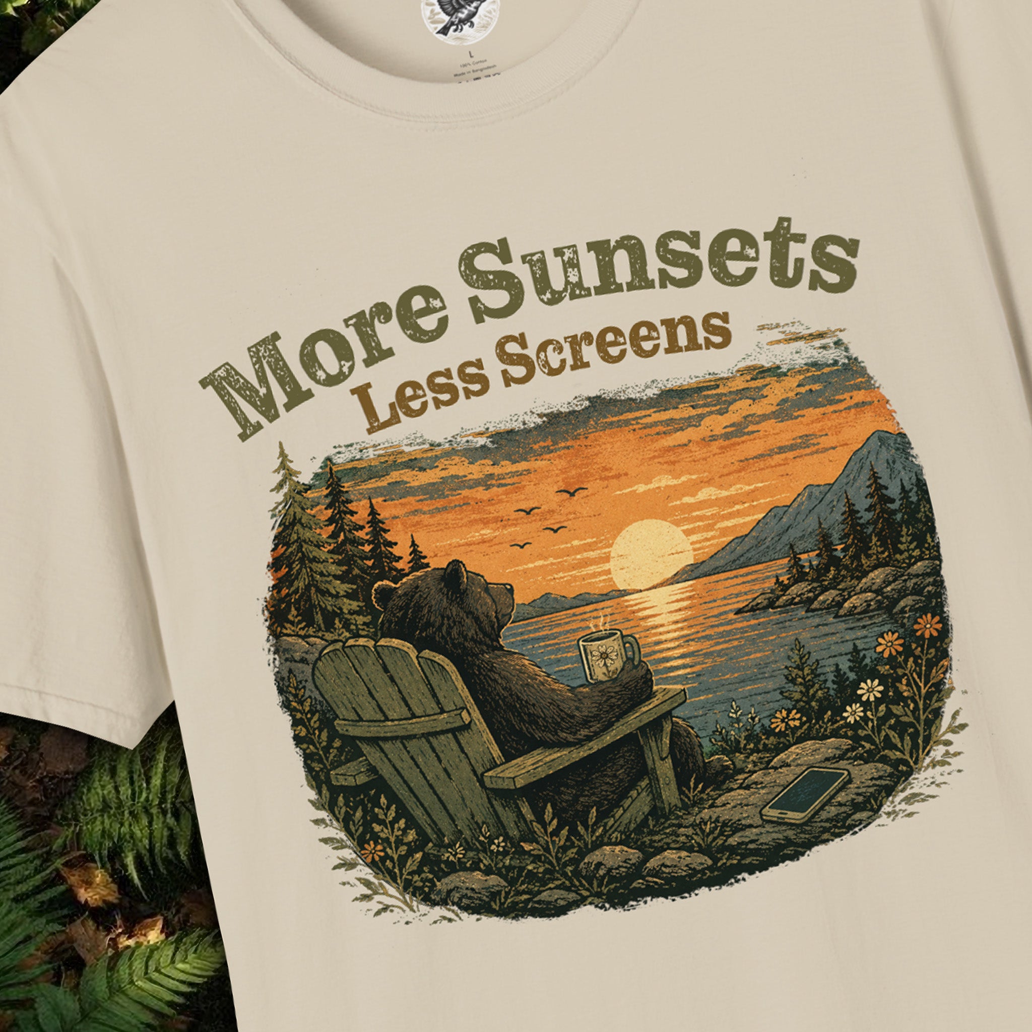 More Sunsets Less Screens Bear T-Shirt | Vintage Nature Graphic Tee | Camping, Hiking & Outdoor Lifestyle Shirt