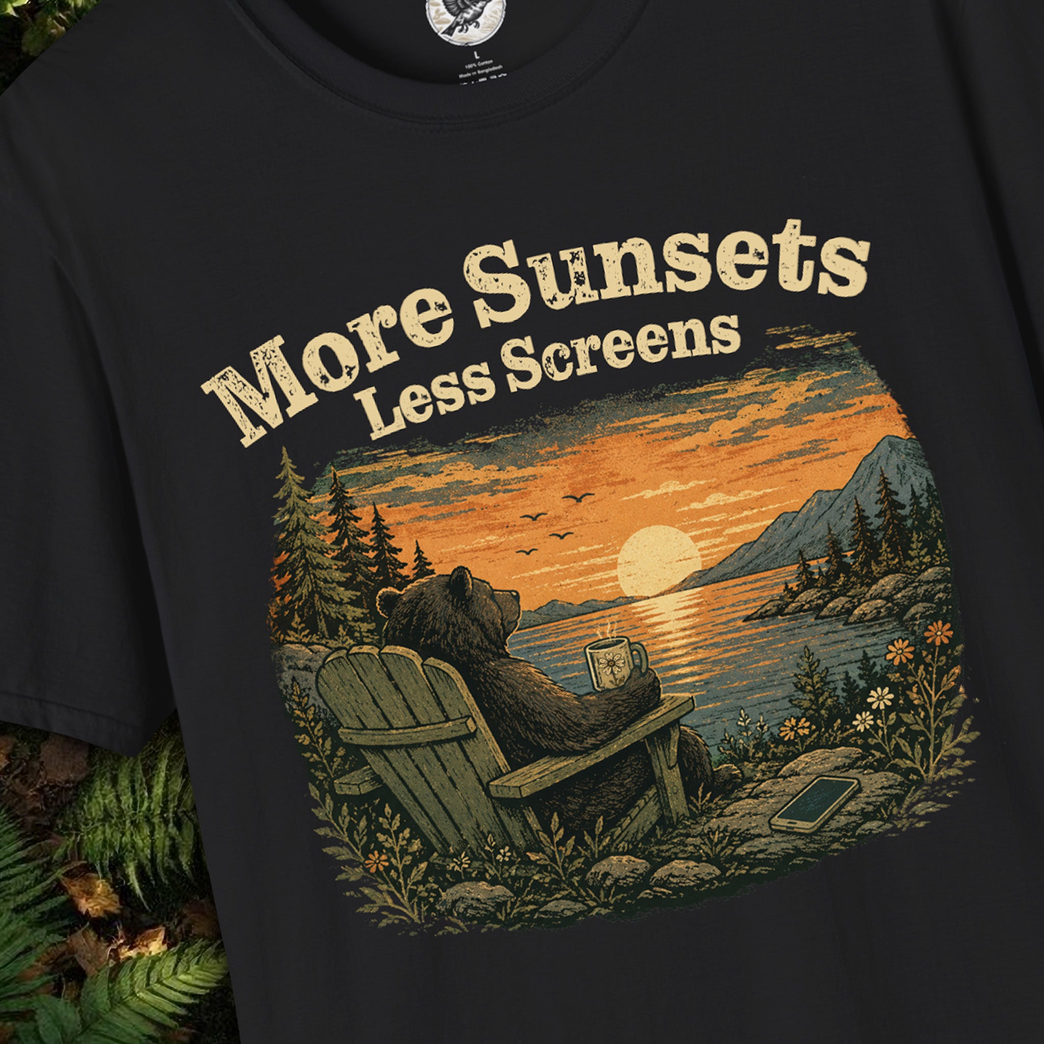 More Sunsets Less Screens Bear T-Shirt | Vintage Nature Graphic Tee | Camping, Hiking & Outdoor Lifestyle Shirt