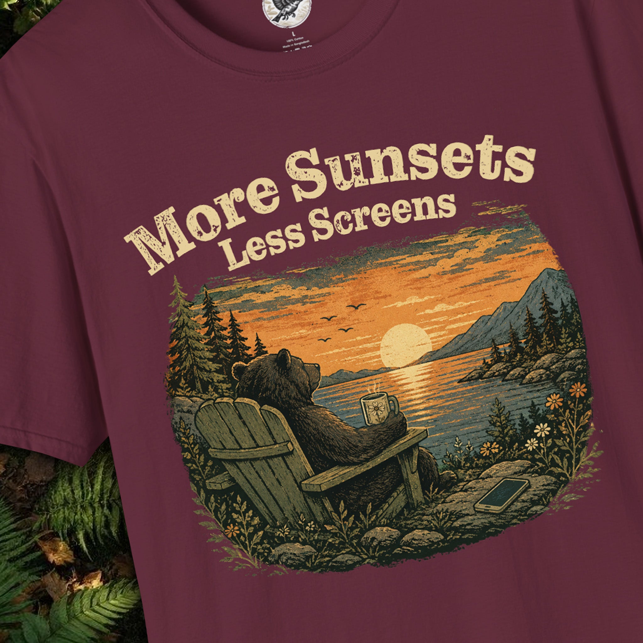 More Sunsets Less Screens Bear T-Shirt | Vintage Nature Graphic Tee | Camping, Hiking & Outdoor Lifestyle Shirt