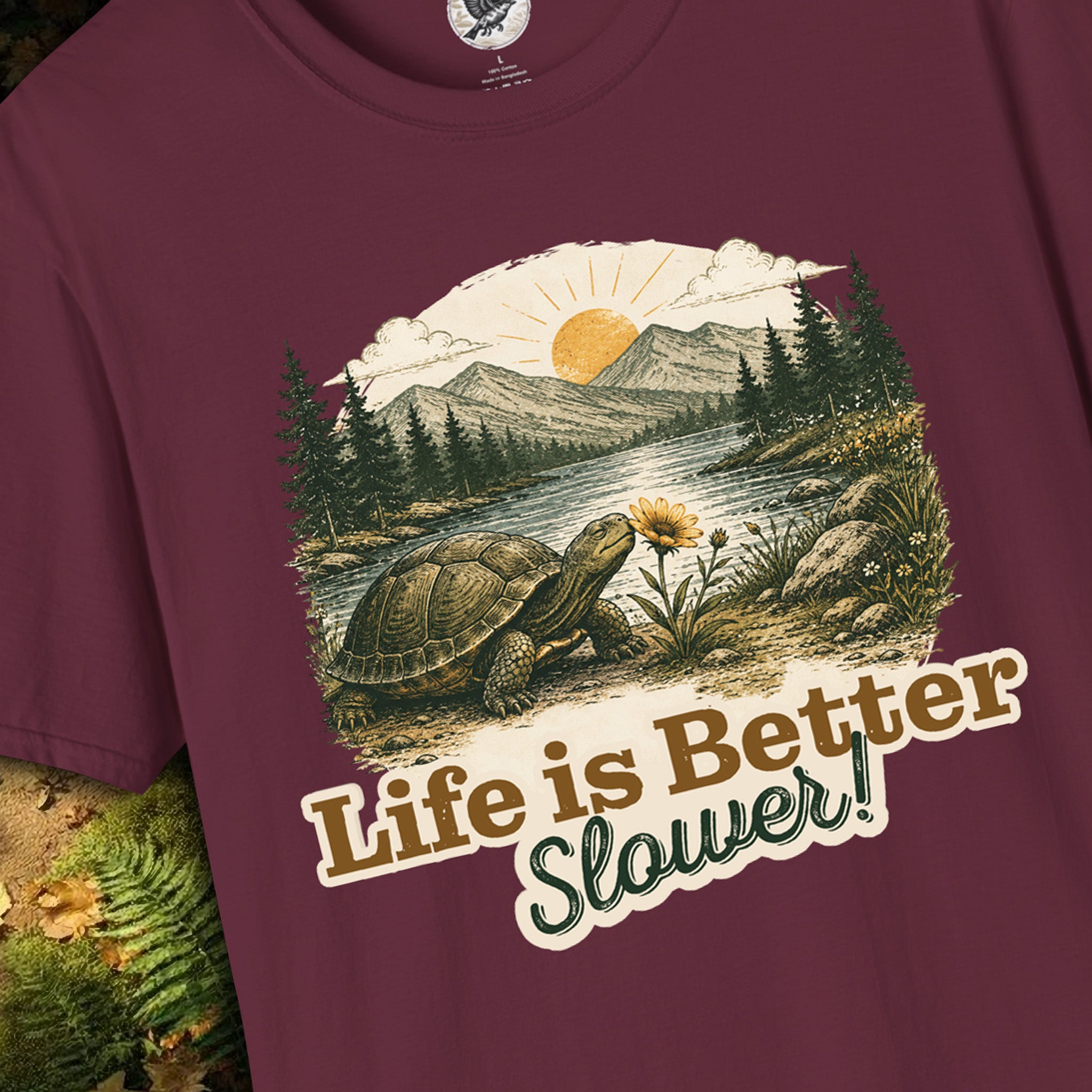 Life Is Better Slower Turtle T-Shirt | Vintage Nature Graphic Tee | Slow Living Shirt for Nature Lovers, Hikers & Outdoor Enthusiasts