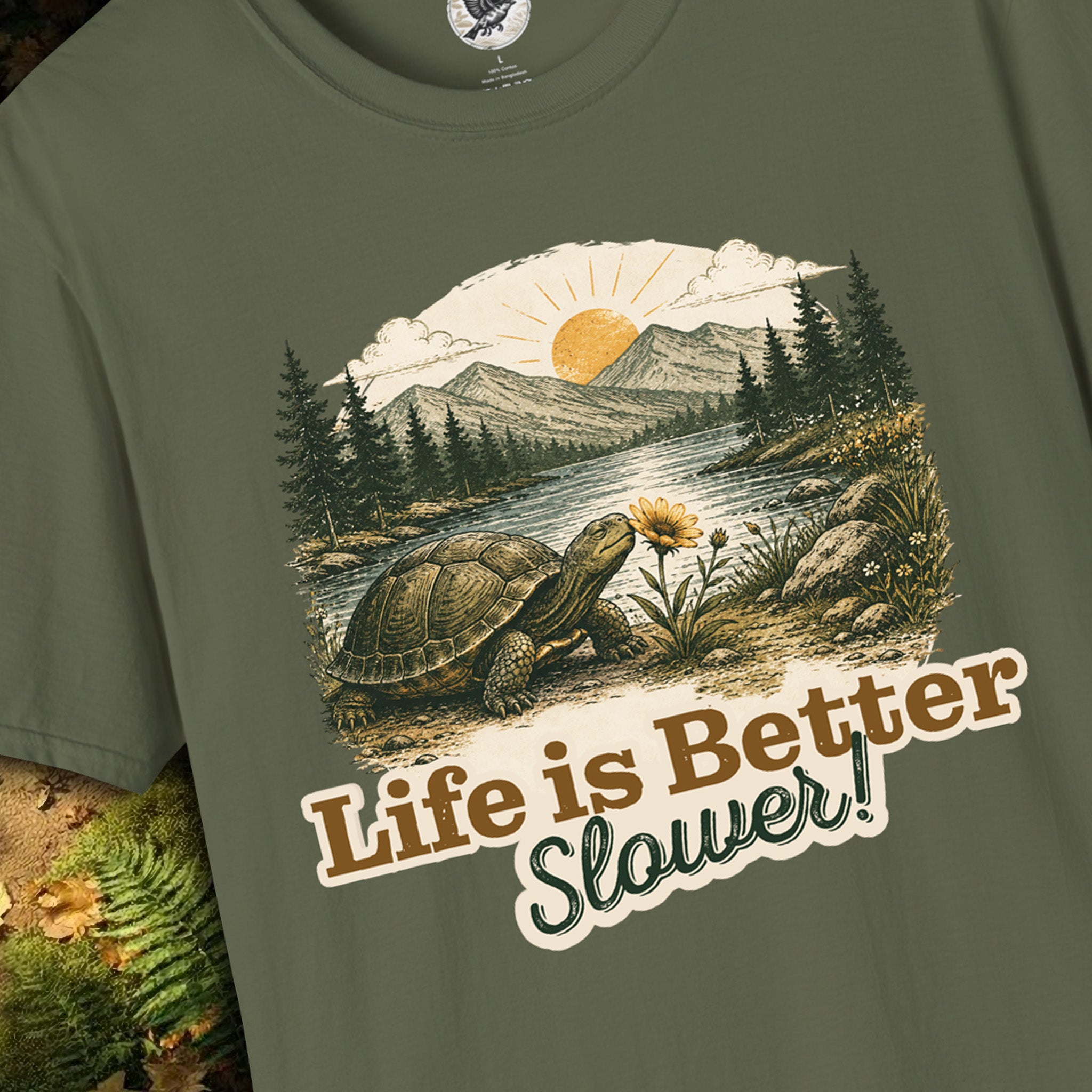 Life Is Better Slower Turtle T-Shirt | Vintage Nature Graphic Tee | Slow Living Shirt for Nature Lovers, Hikers & Outdoor Enthusiasts