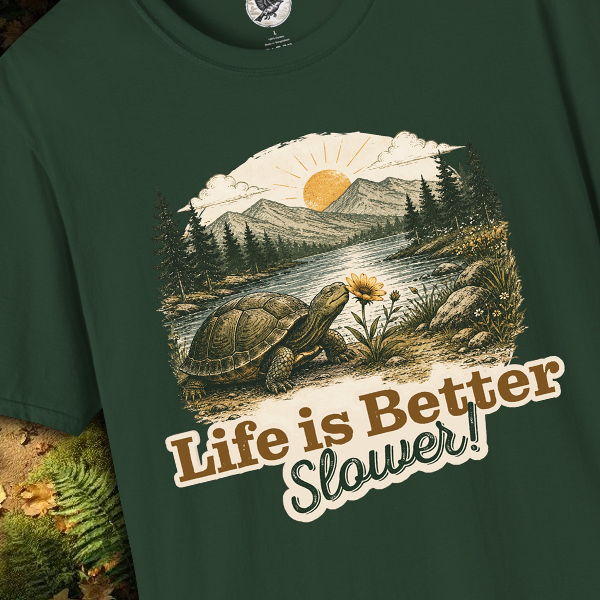 Life Is Better Slower Turtle T-Shirt | Vintage Nature Graphic Tee | Slow Living Shirt for Nature Lovers, Hikers & Outdoor Enthusiasts