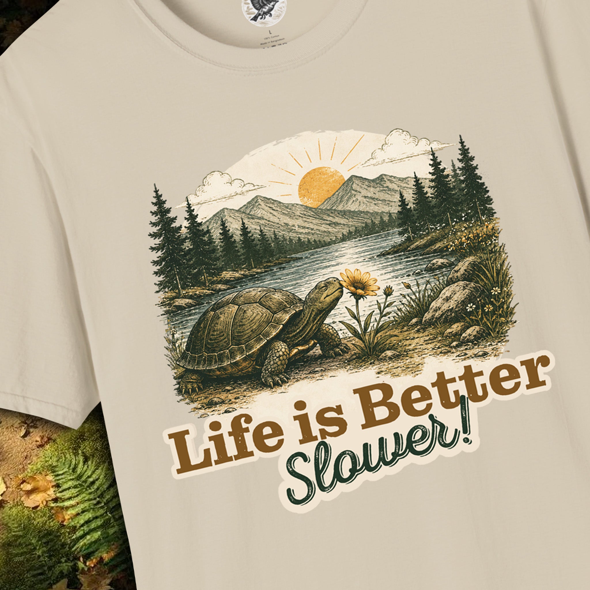 Life Is Better Slower Turtle T-Shirt | Vintage Nature Graphic Tee | Slow Living Shirt for Nature Lovers, Hikers & Outdoor Enthusiasts