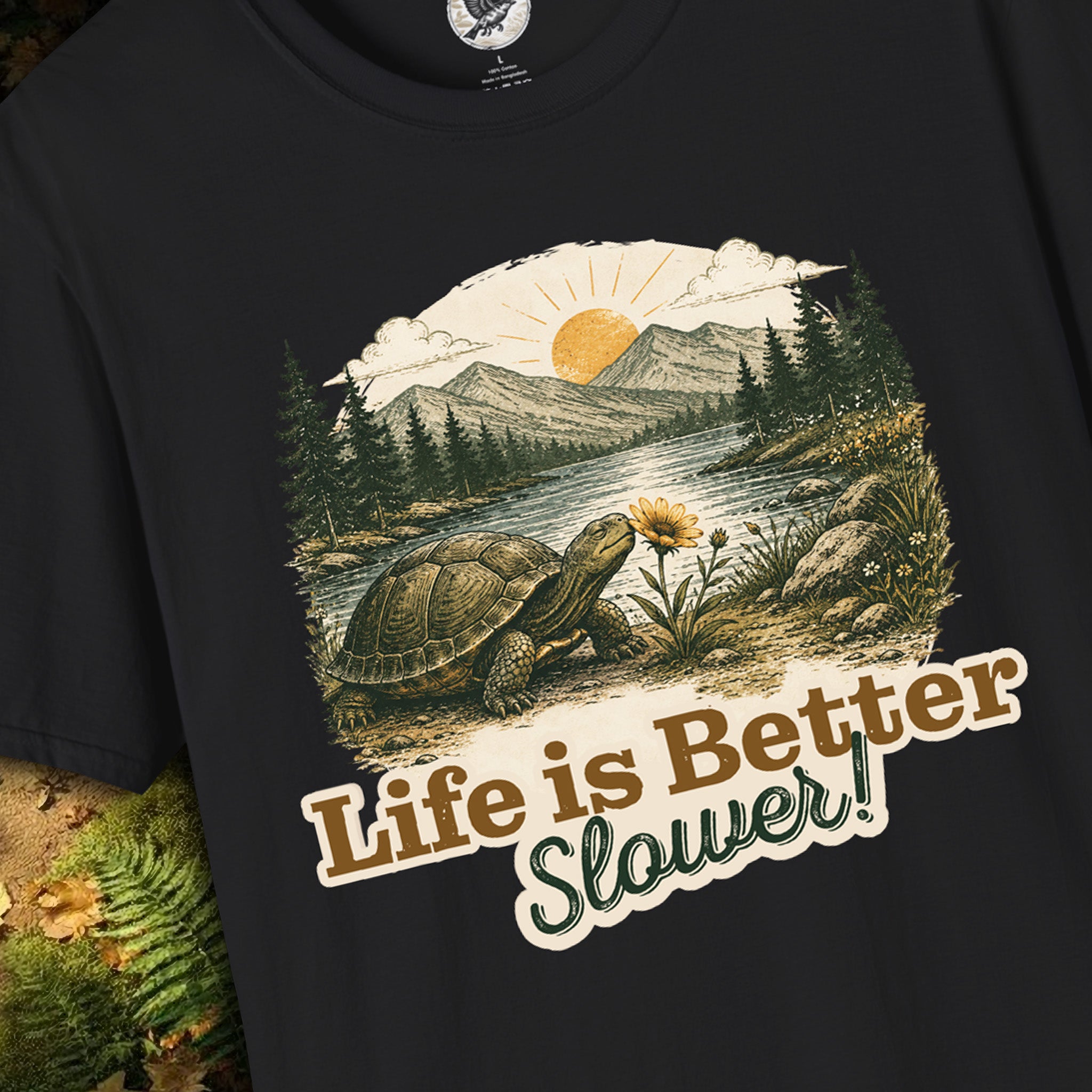Life Is Better Slower Turtle T-Shirt | Vintage Nature Graphic Tee | Slow Living Shirt for Nature Lovers, Hikers & Outdoor Enthusiasts