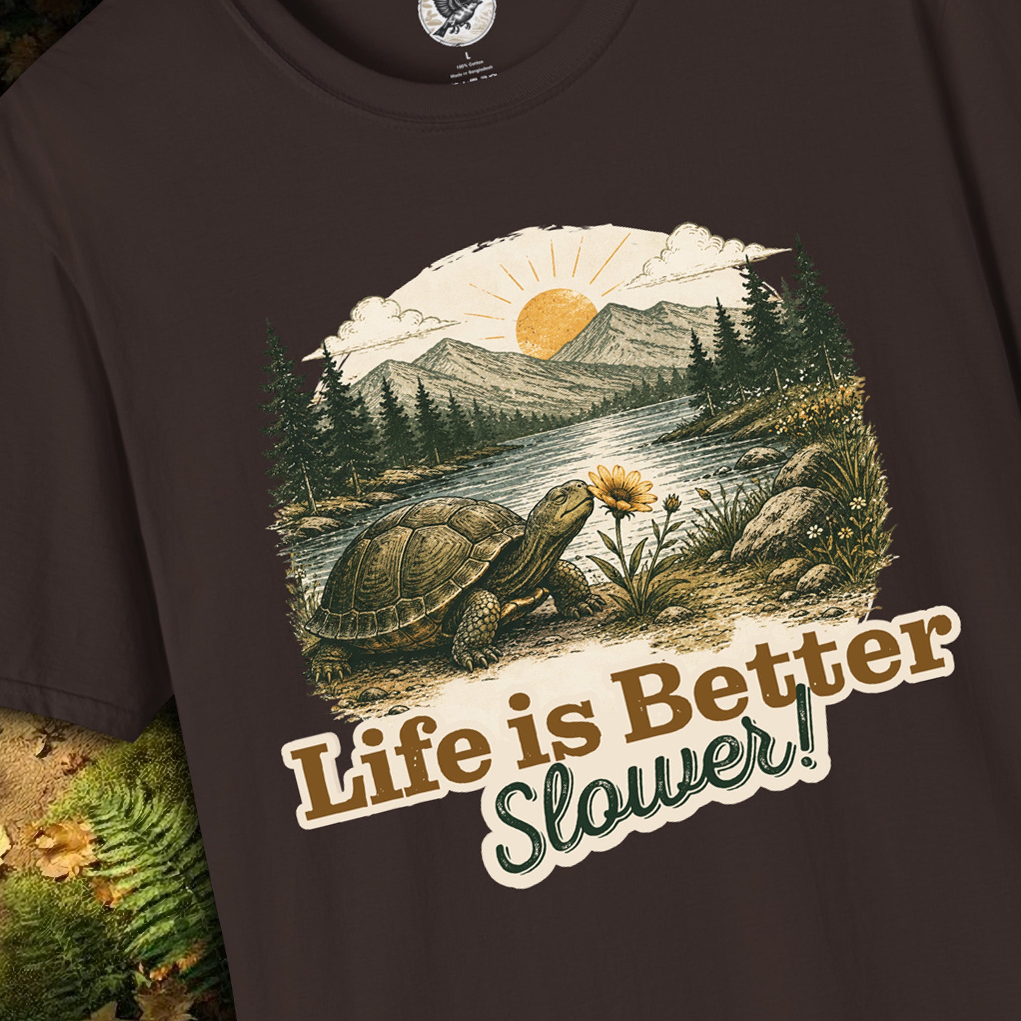 Life Is Better Slower Turtle T-Shirt | Vintage Nature Graphic Tee | Slow Living Shirt for Nature Lovers, Hikers & Outdoor Enthusiasts