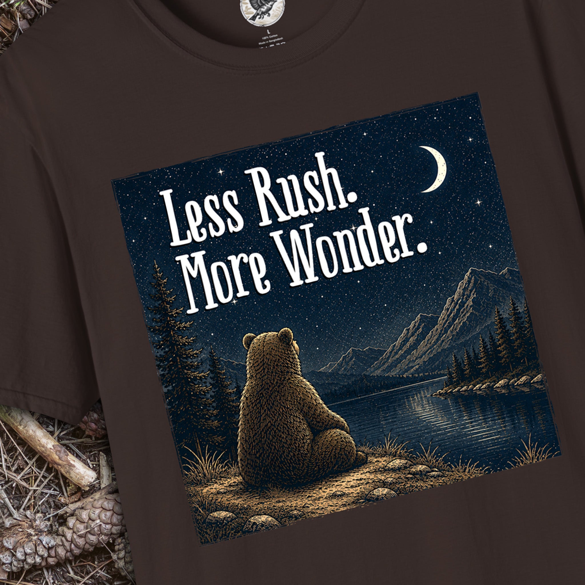 Less Rush More Wonder Bear T-Shirt | Vintage Night Sky Nature Graphic Tee | Camping, Hiking & Outdoor Adventure Shirt