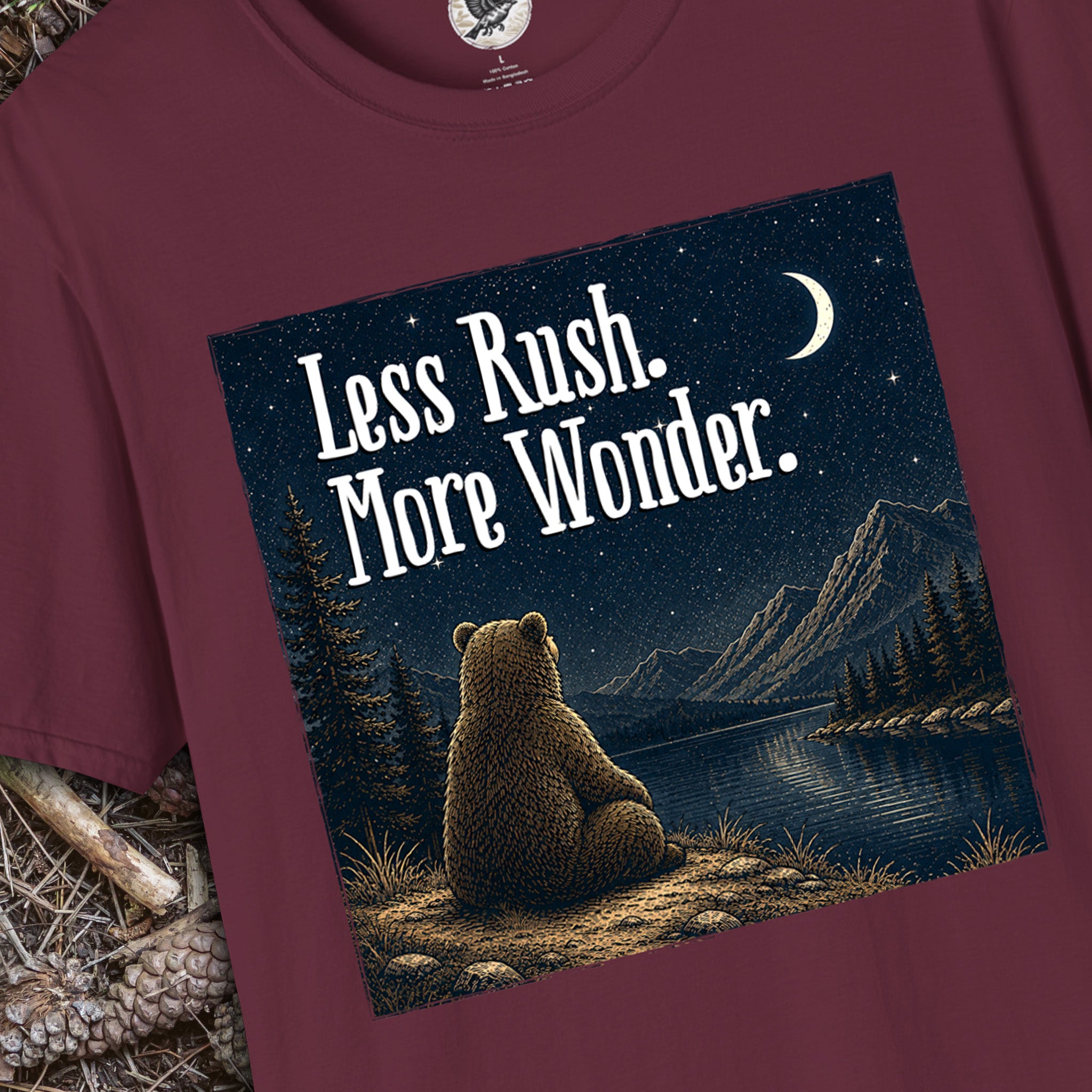 Less Rush More Wonder Bear T-Shirt | Vintage Night Sky Nature Graphic Tee | Camping, Hiking & Outdoor Adventure Shirt