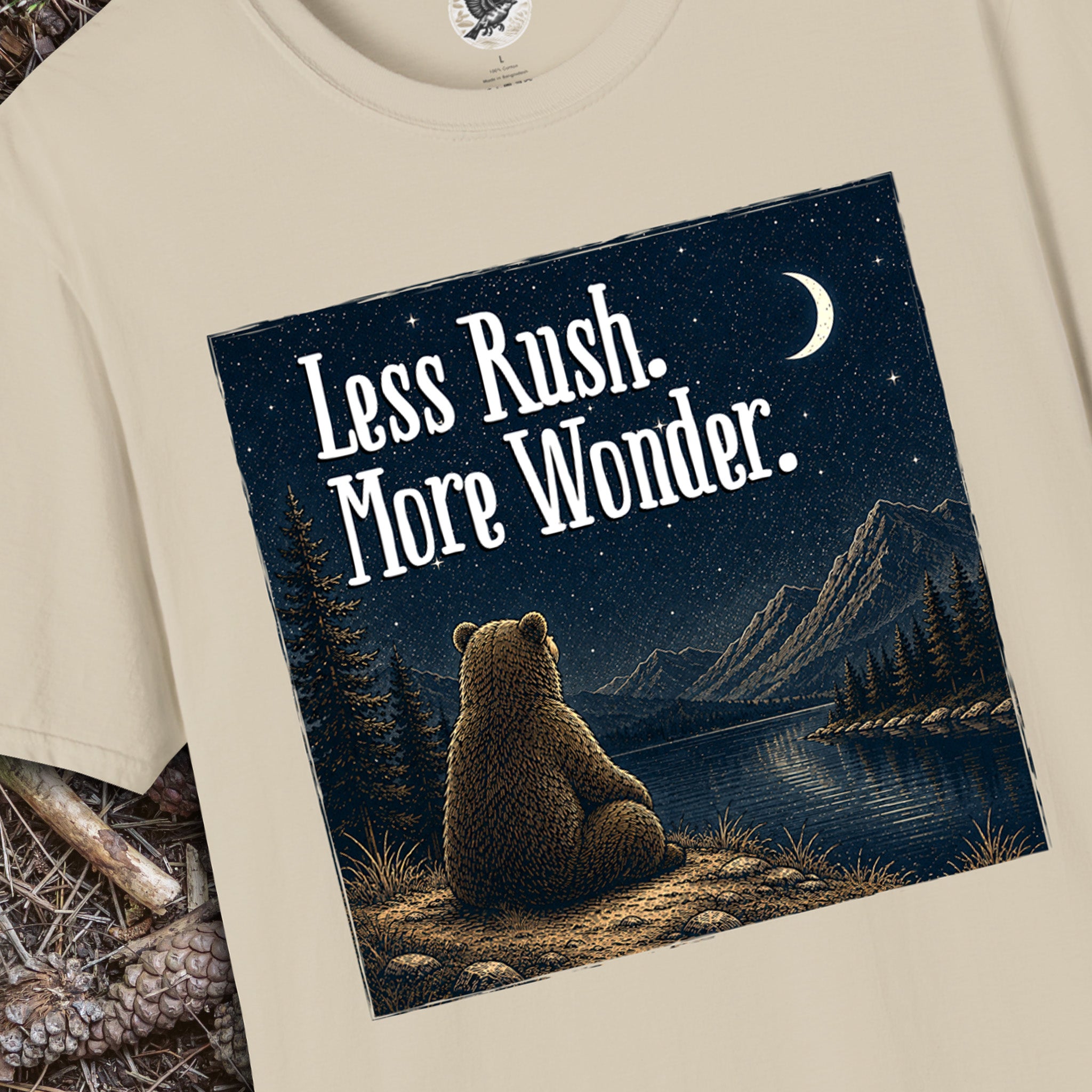 Less Rush More Wonder Bear T-Shirt | Vintage Night Sky Nature Graphic Tee | Camping, Hiking & Outdoor Adventure Shirt