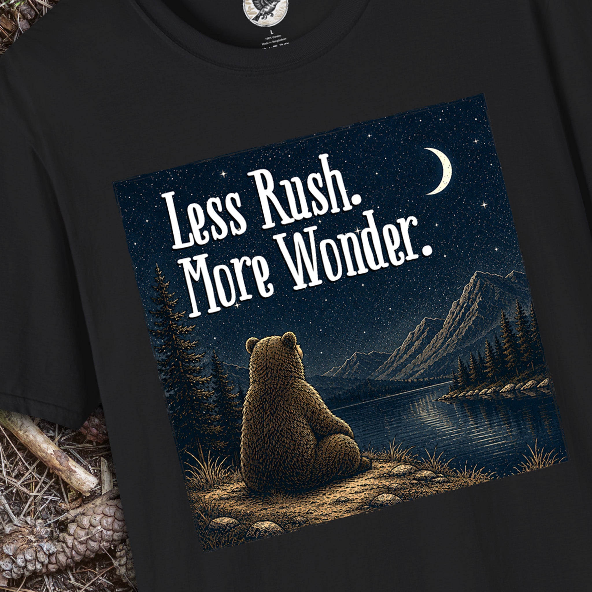 Less Rush More Wonder Bear T-Shirt | Vintage Night Sky Nature Graphic Tee | Camping, Hiking & Outdoor Adventure Shirt