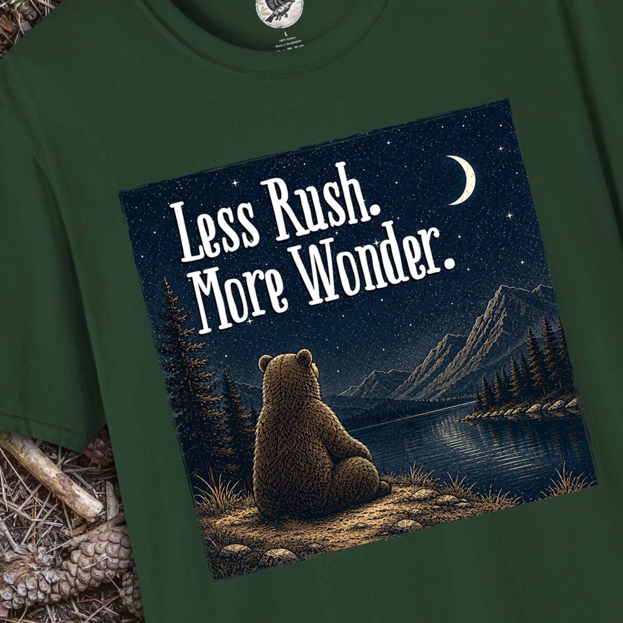 Less Rush More Wonder Bear T-Shirt | Vintage Night Sky Nature Graphic Tee | Camping, Hiking & Outdoor Adventure Shirt